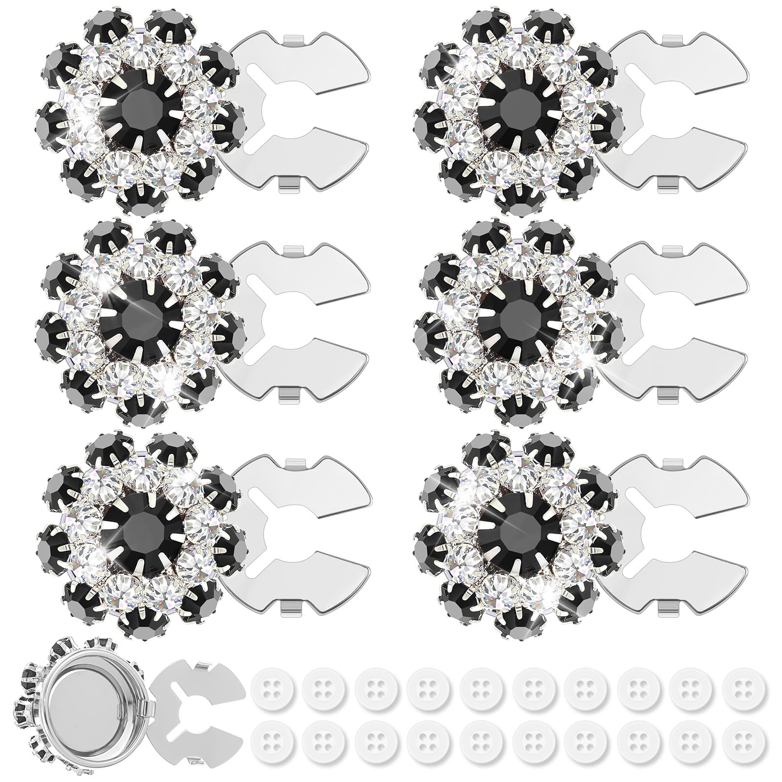 6 Sets Button Covers, Rhinestone Black, Dazzling Flower Clip on