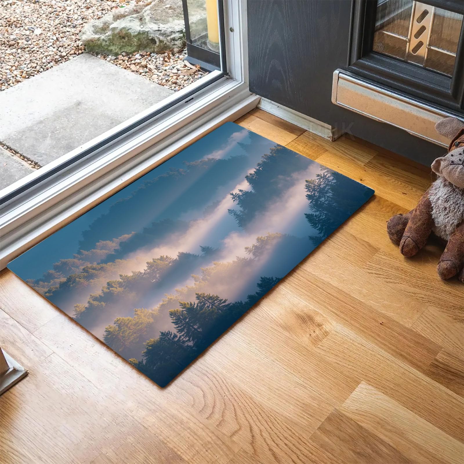 Waschbar Fußmatte Morgennebel Tannenwald - 80x120cm -Willkommen Fussmatte Geheimnisvolle Berglandschaft rutschfeste Fußmatte für den Eingang für Hauseingänge, Flure, Außentüren