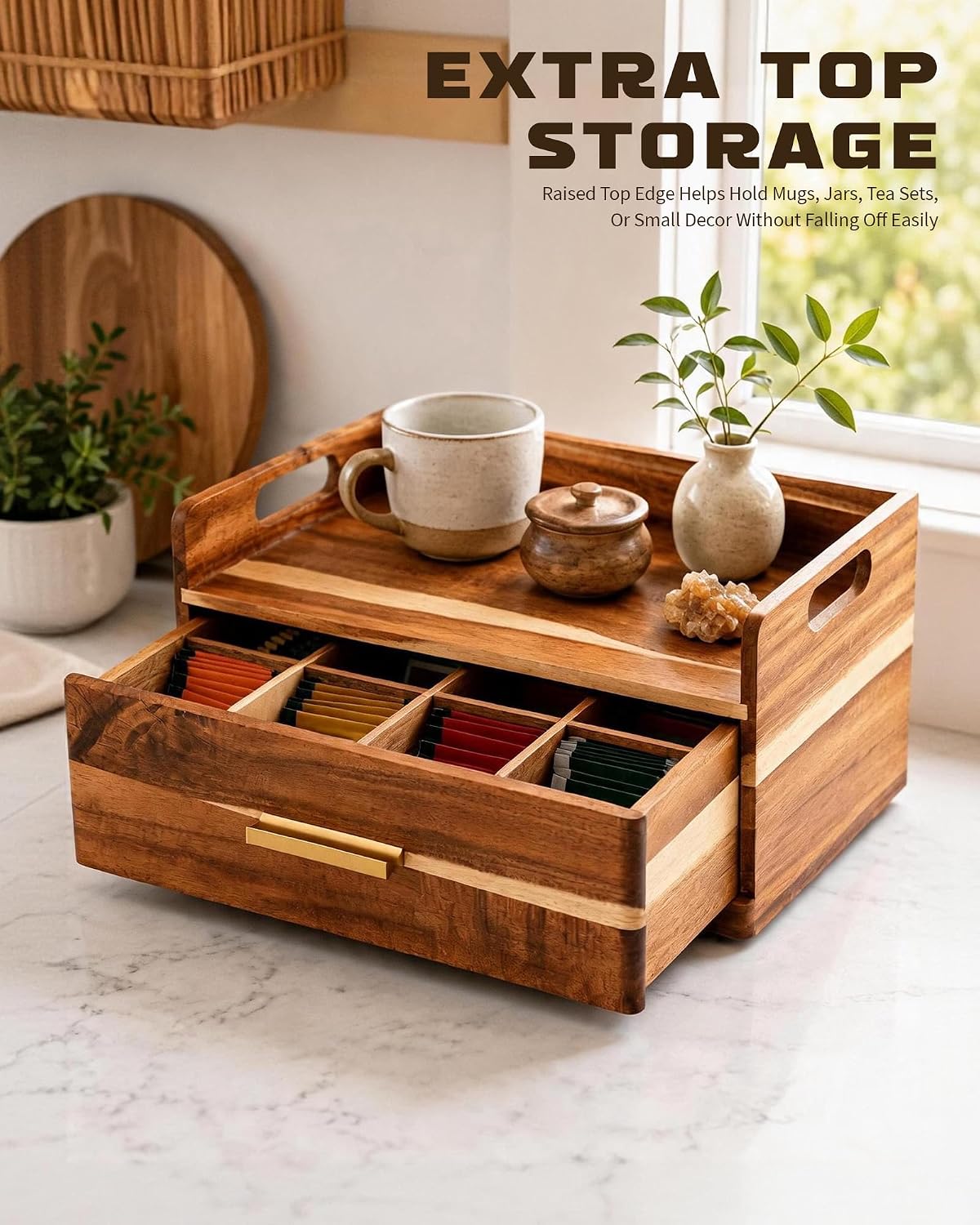 Acacia Wood Tea Bag Organizer for Countertop, Tea Holder Organizer with Storage Drawer | Wooden Tea Caddy Box for Tea Bags, Coffee Pods, Sugar Packets, Tea Station and Kitchen Counter Display