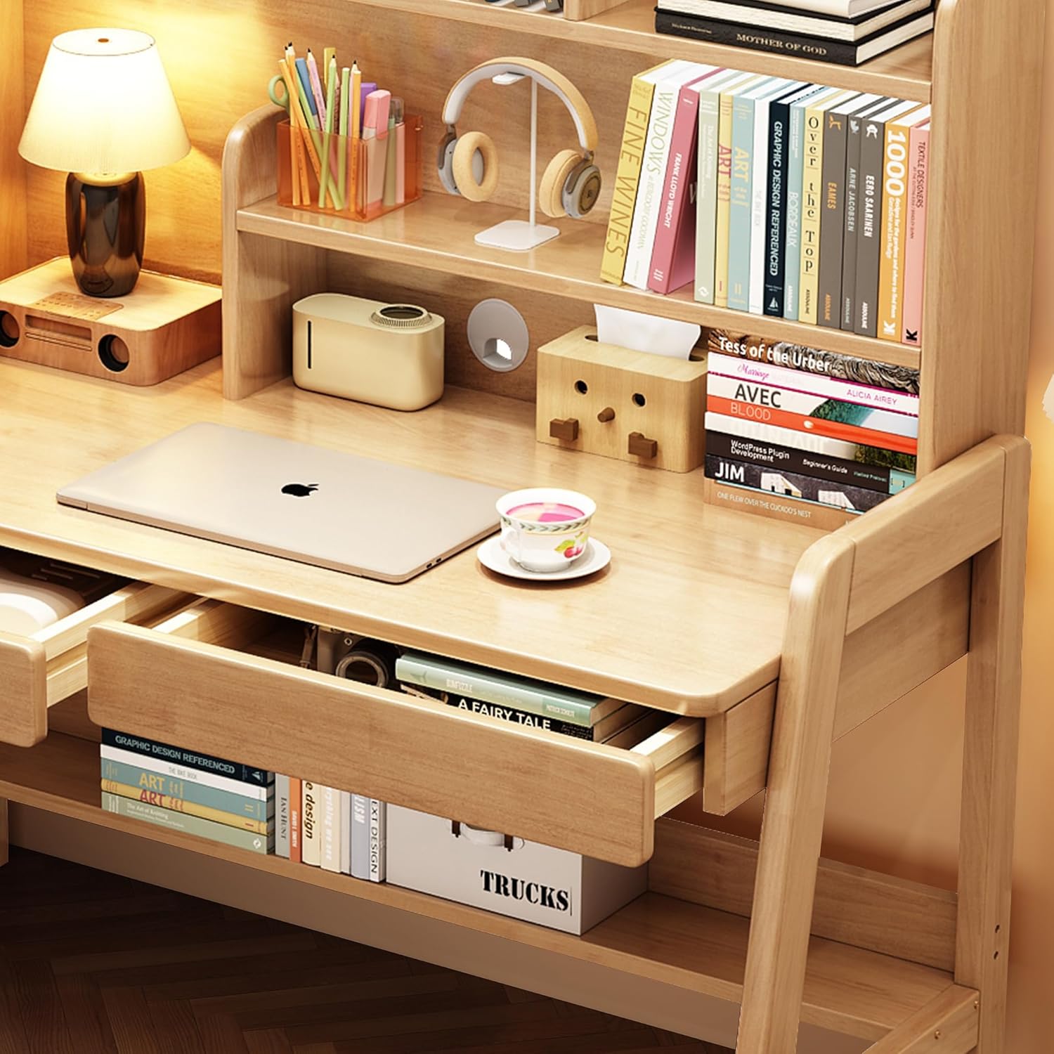 Kids Desk Kids Table with Drawers and Bookshelf Wooden Kid's Media Desk Student Writing Desk and Learning Computer Workstation (Nature)