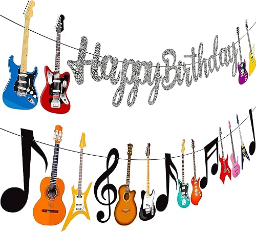 Cartel de fiesta de cumpleaños de guitarra, decoraciones de notas musicales con 2 pancartas recortadas para suministros de rock y baby shower