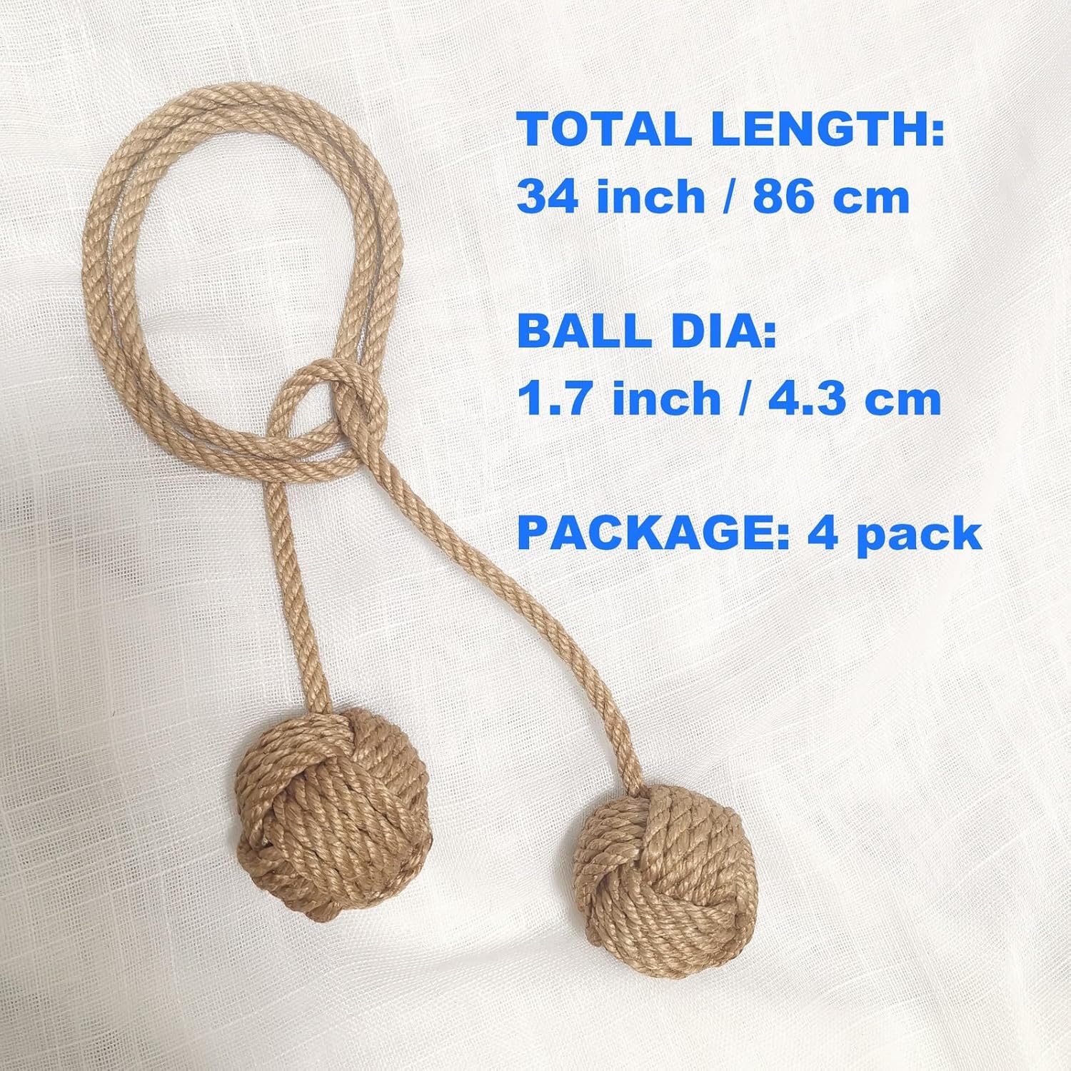 Natural Jute Rope Curtain Tiebacks, 4 Pack Handmade Adjustable Curtain Holdbacks for Thin to Thick Curtains，Decorative Curtain Tie Backs for Draperies, Boho Farmhouse Outdoor Style No Drill for Home
