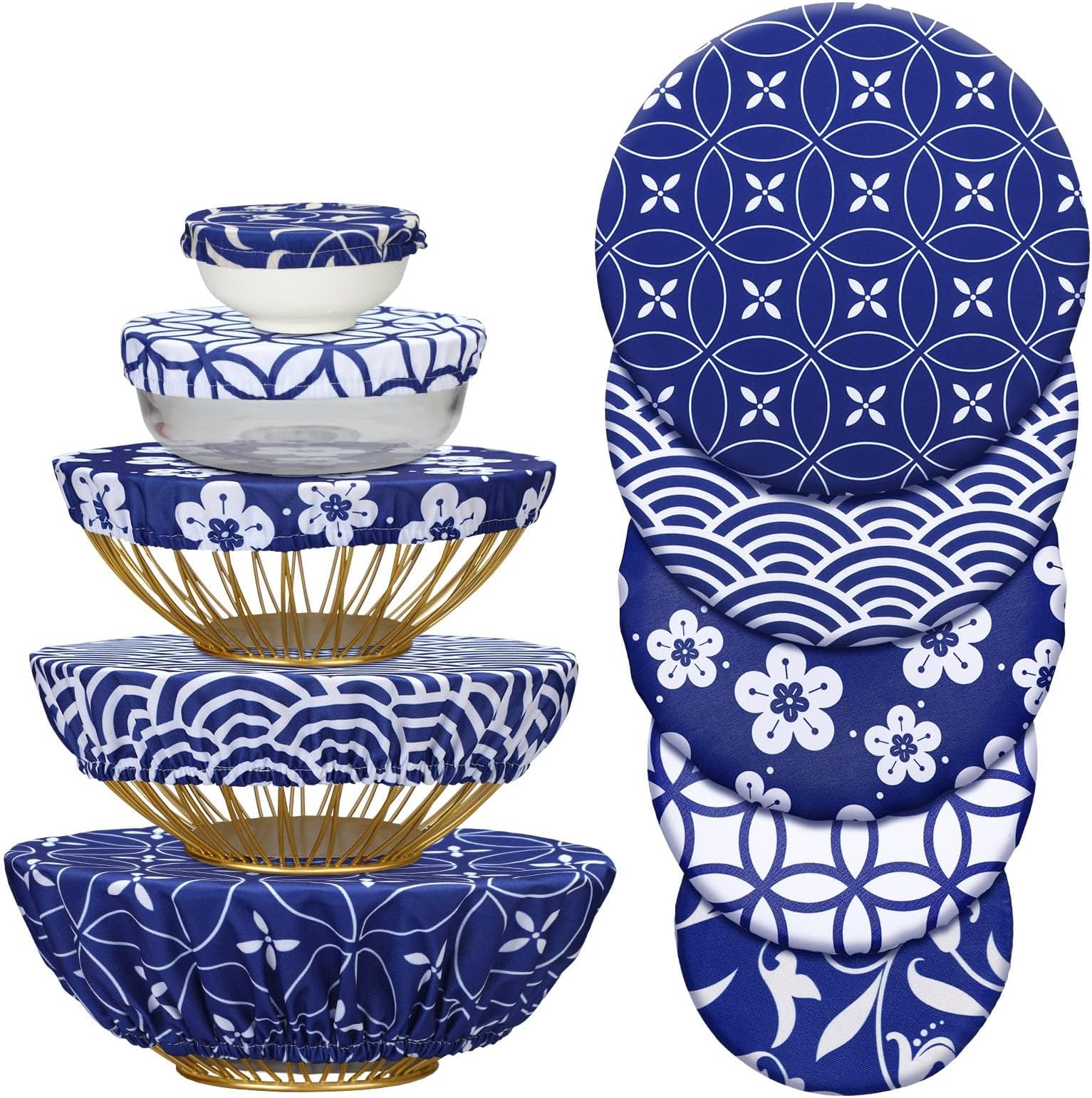 10 Pcs Reusable Stretch Fabric Bowl Covers, Elastic Multi-Siz, Bread Proofing, Fruits & Leftovers – Breathable, Washable, Eco-Friendly, Microwave & Dishwasher Safe, Blue & White Set
