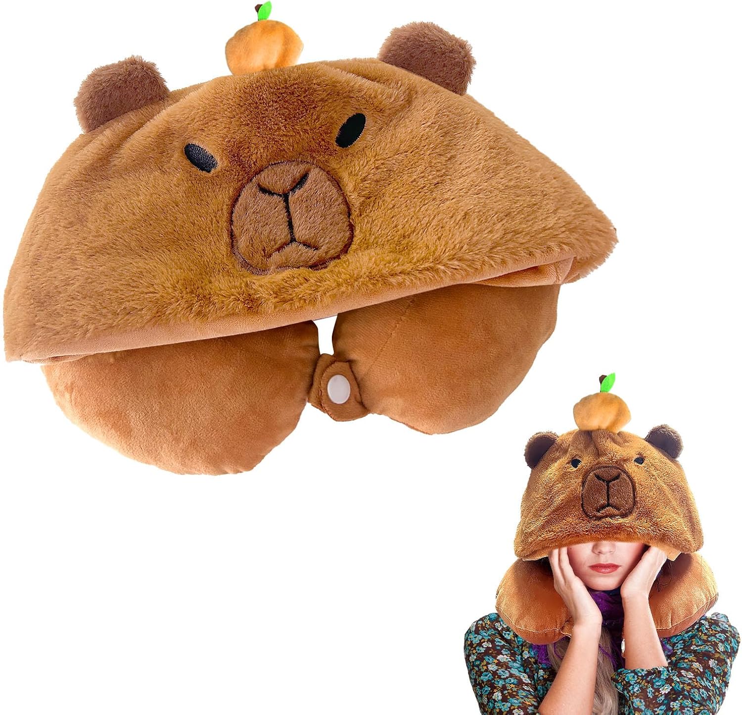 OptiPlay Neck Pillow, Travel Neck Pillow, Animal U-Shaped Necks Pillows, Cute Cartoon Plane Pillow, Comfy Travel Accessories, for Adults and Kids Airplane Sleeping Travels and Camping (Caramel)