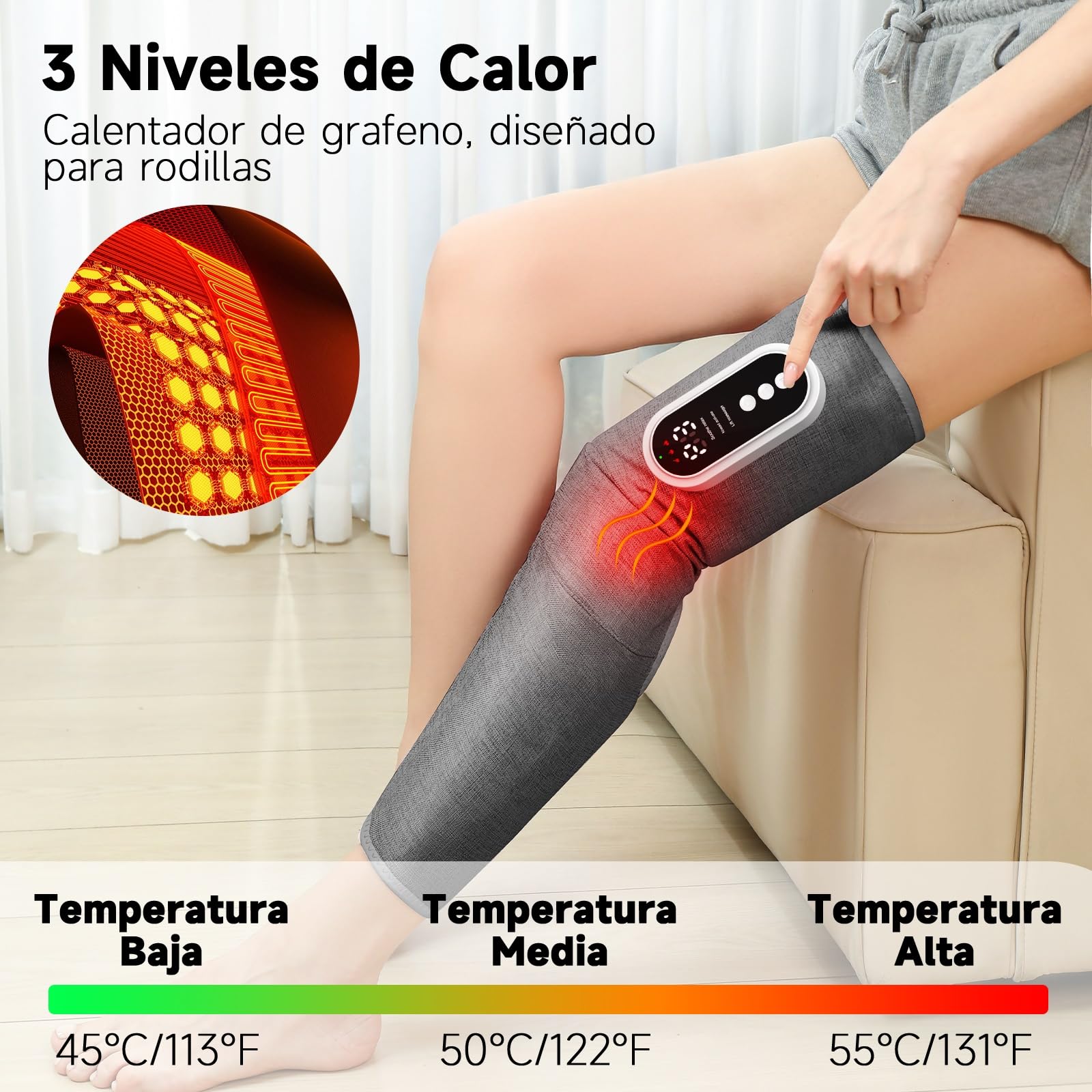 Masajeador piernas inalámbrico Oyase, 3 niveles, calor y bolsas aire | Masaje de presión 3 niveles con calor, temporizador 15 min. Para pantorrillas, muslos y rodillas