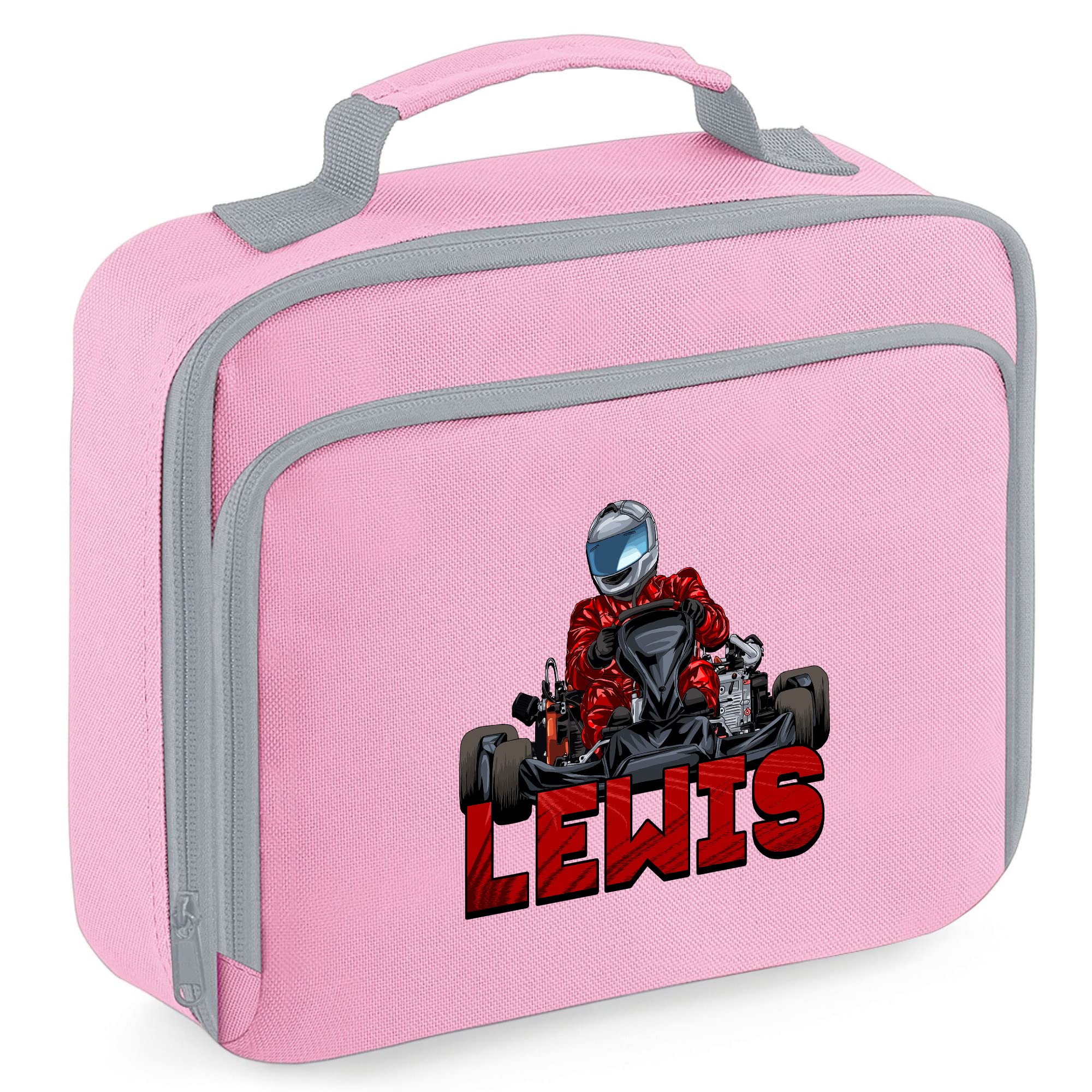 Custom Go Karting Lunch Cooler Bag, Boys Back to School Gifts, Custom Bags for Kids Who Loves Go Karting, Primary or Nuresery Girls Lunch Bags, Childs Lunch Box, 24cm x 20cm x 8cm, Pink