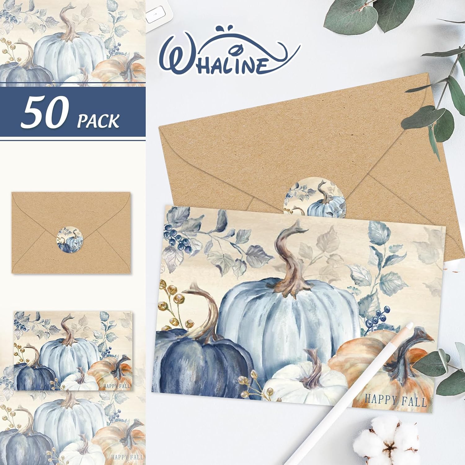 Whaline 50 Pack Fall Thank You Cards Bulk Boxed Vintage Blue Pumpkin Greeting Cards with Envelope Sticker Blank Note Cards for Autumn Thanksgiving Wedding, 4 x 6 Inch - Image 3