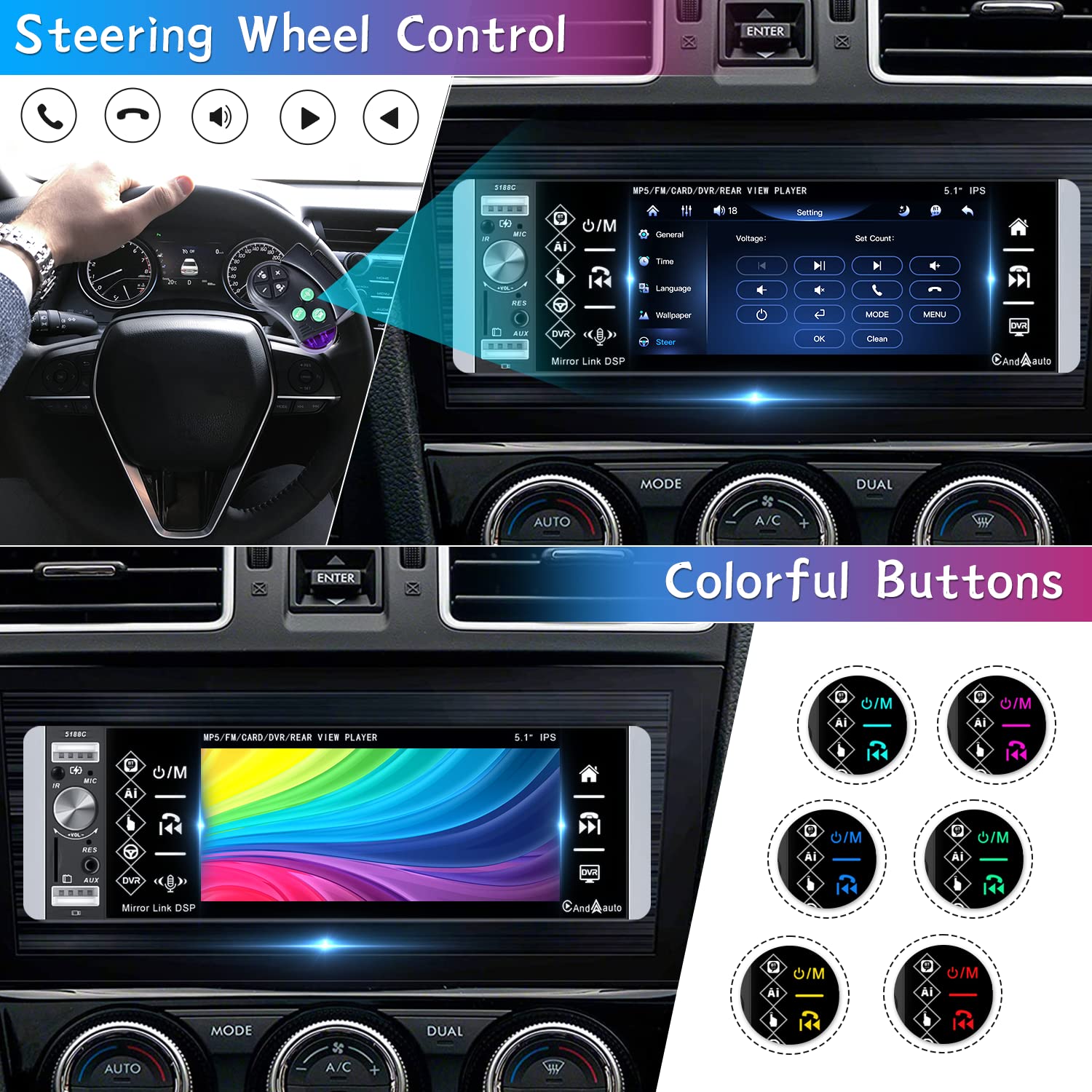 Inefala Radio 1 DIN Mit Ausfahrbarem 7 Zoll Bildschirm, Wireless CarPlay, Android Auto