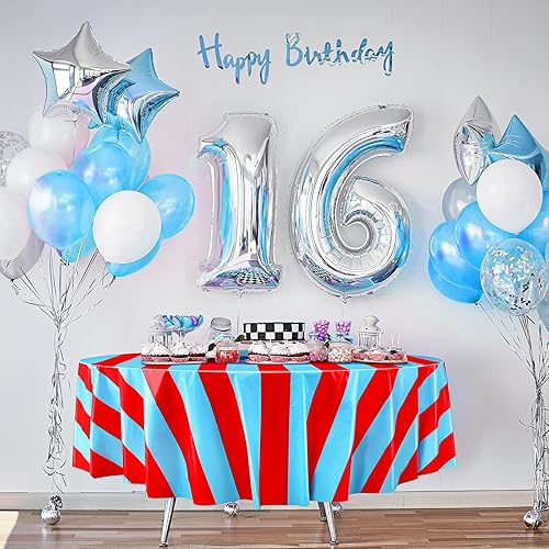 Miniatura 7 de Tatuo Mantel redondo de circo rojo y azul de 84 pulgadas, mantel de circo de carnaval, a rayas, desechables, de plástico, para fiesta de cumpleaños,