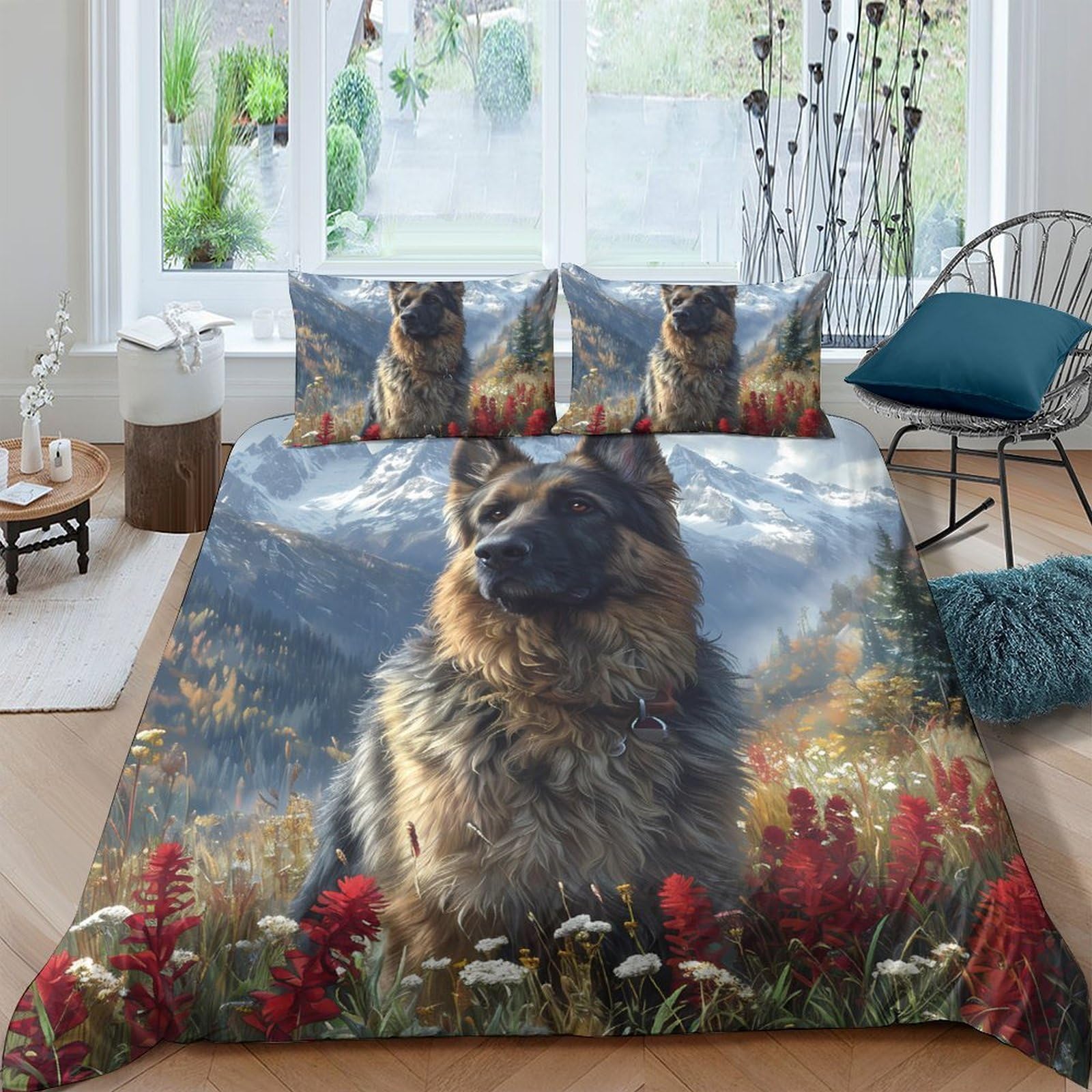 Ctjqhvkz Style-8 3D Printed German Shepherd Landscape Fitted Sheet Microfiber Soft Anti-Slip Mattress Cover For Bedroom Dorm Decor Single（135X200cm）
