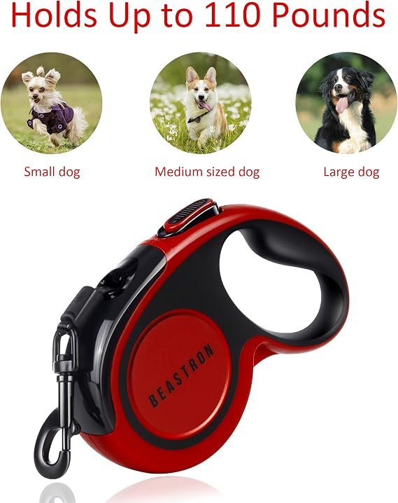 Upgraded Retractable Dog Leash, 16 Extra Long Tangle-Free Reflective Nylon, Small to Medium Dogs up to 110lbs, Waste Bags and Dispenser Included (Red)