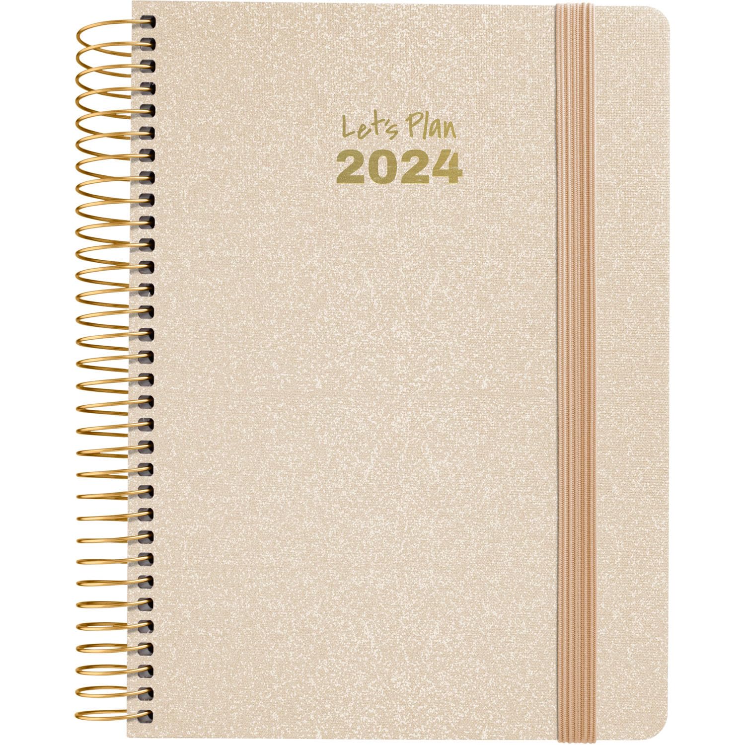 Grafoplás | Agenda 2024 | Arena | Español | 15x21cm | Espiral | Día por Página | Tapa Dura Forrada Tela Metalizada | Cierre Elástico | Enero a Diciembre 24 | Serie Metallic