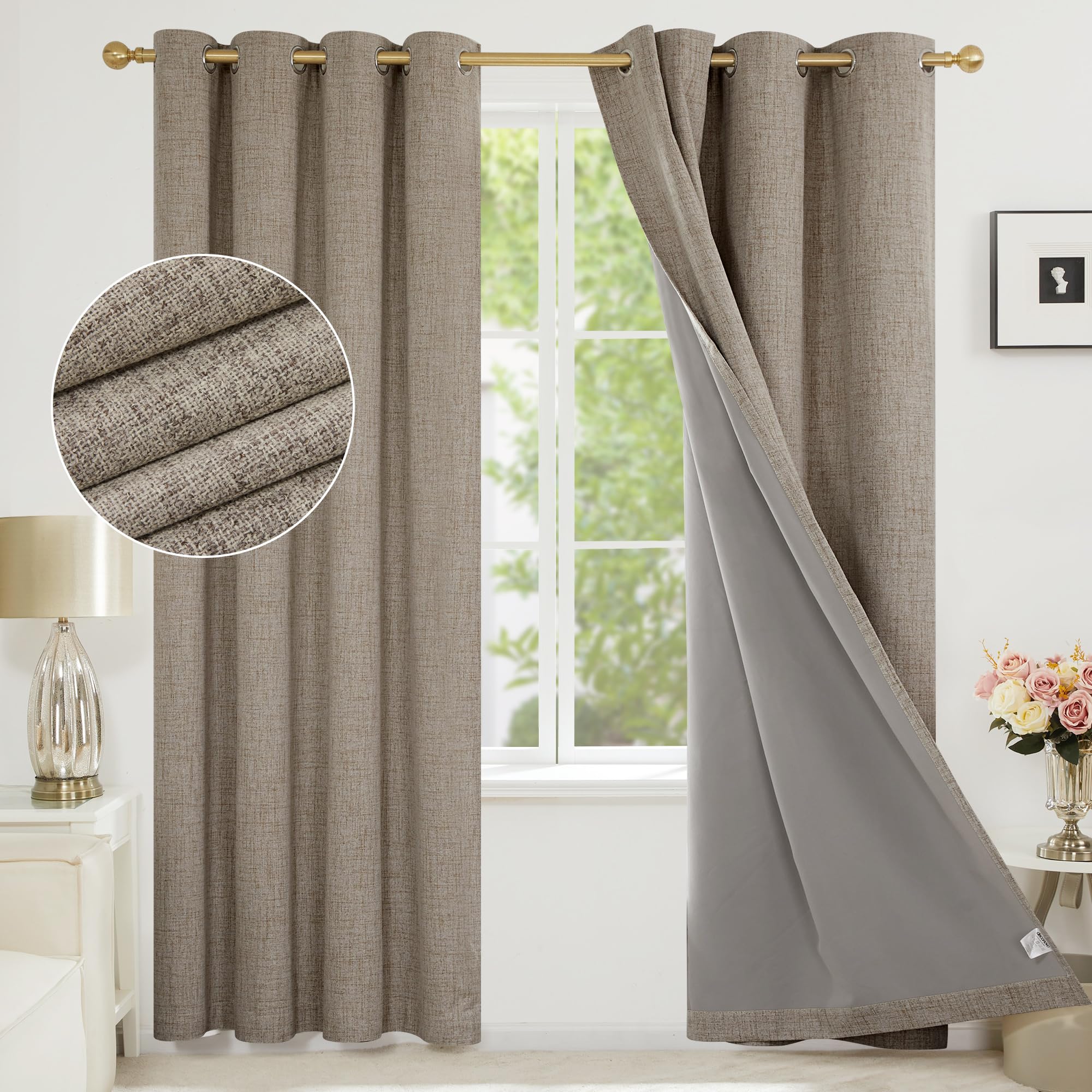 Deconovo Faux Linen Full Blackout Curtains 90 Inch Drop Thermal Eyelet Curtains fot Living room with Energy Saving Coating, Linen, W66 x L90 One Pair