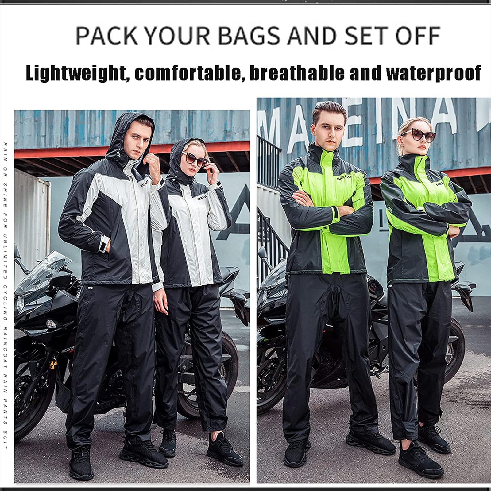 Tuta Antipioggia da Moto Impermeabile Uomo Donna, Abbigliamento da Pioggia, Giacca da Pioggia E Pantaloni da Ciclismo Antipioggia Antivento Traspirante, Moto(White,S)