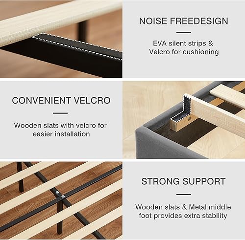 Miniatura 7 de VECELO - Marco tapizado con cabecera ajustable, matrimonial, plataforma de terciopelo con led, estación de carga, base de colchón con listones de