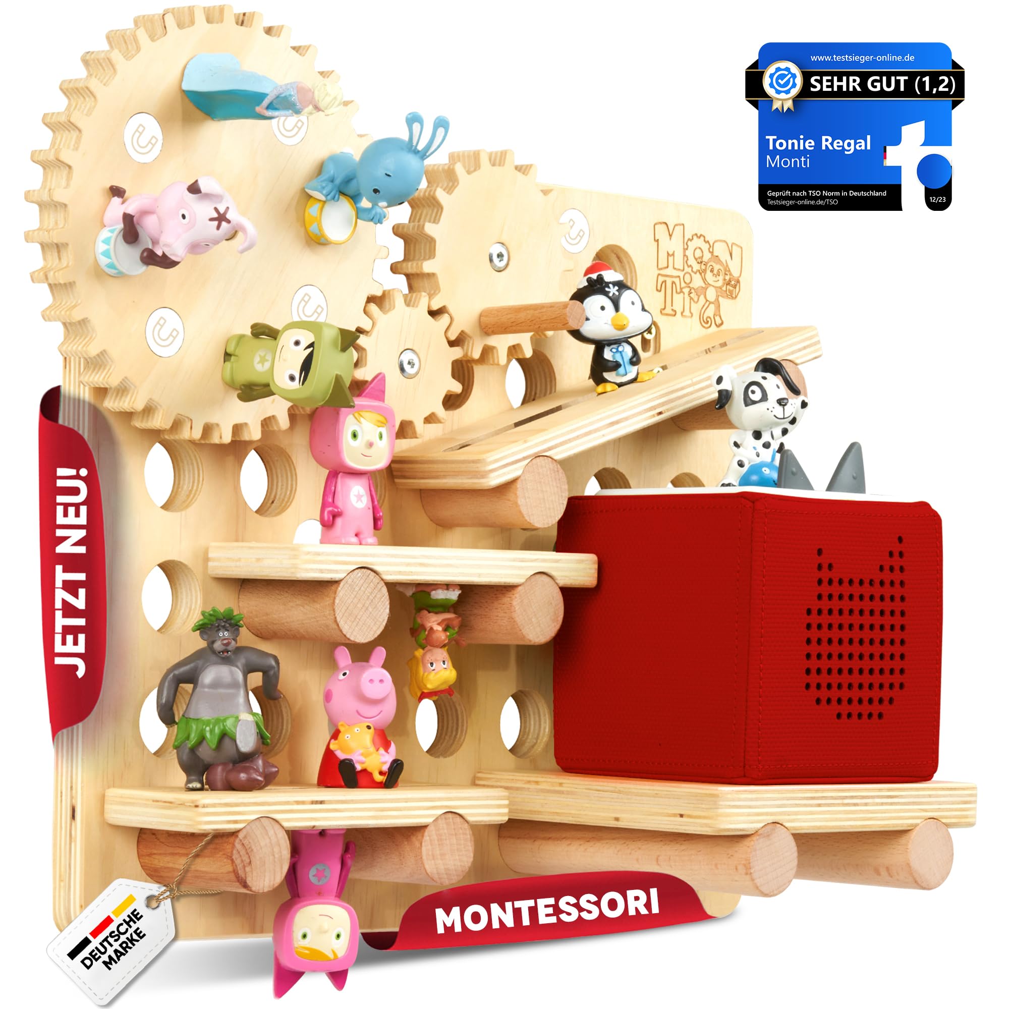 Monti Tonie Regal 1er Set für Tonies + Toniebox [stabiles Montessori Spielzeug] L für 40 Toniefiguren + Box für Mädchen und Jungen [TESTSIEGER] Tonieregal zur Aufbewahrung Starterset