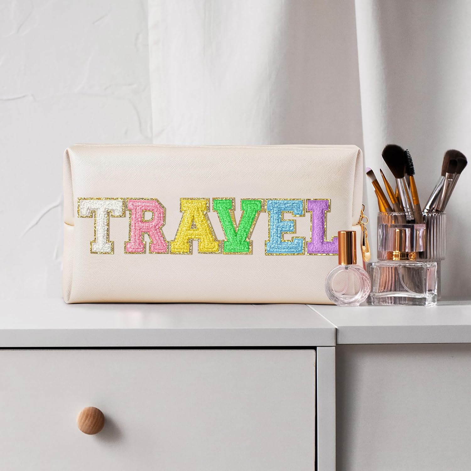 CY2SIDE TRAVEL Letter Makeup Bag - Colorful Chenille Letter Patch Cosmetic Bag Shell Gold PU Leather Patch Pouch Waterproof Portable Zipper Travel Organizer Christmas Idea Gifts for Women Girls image 5