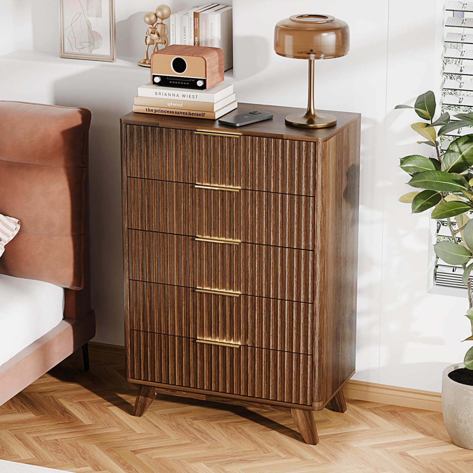 Detailed specification diagram of the VINGLI Fluted Tall Dresser showing dimensions, weight capacity, and drawer depth.