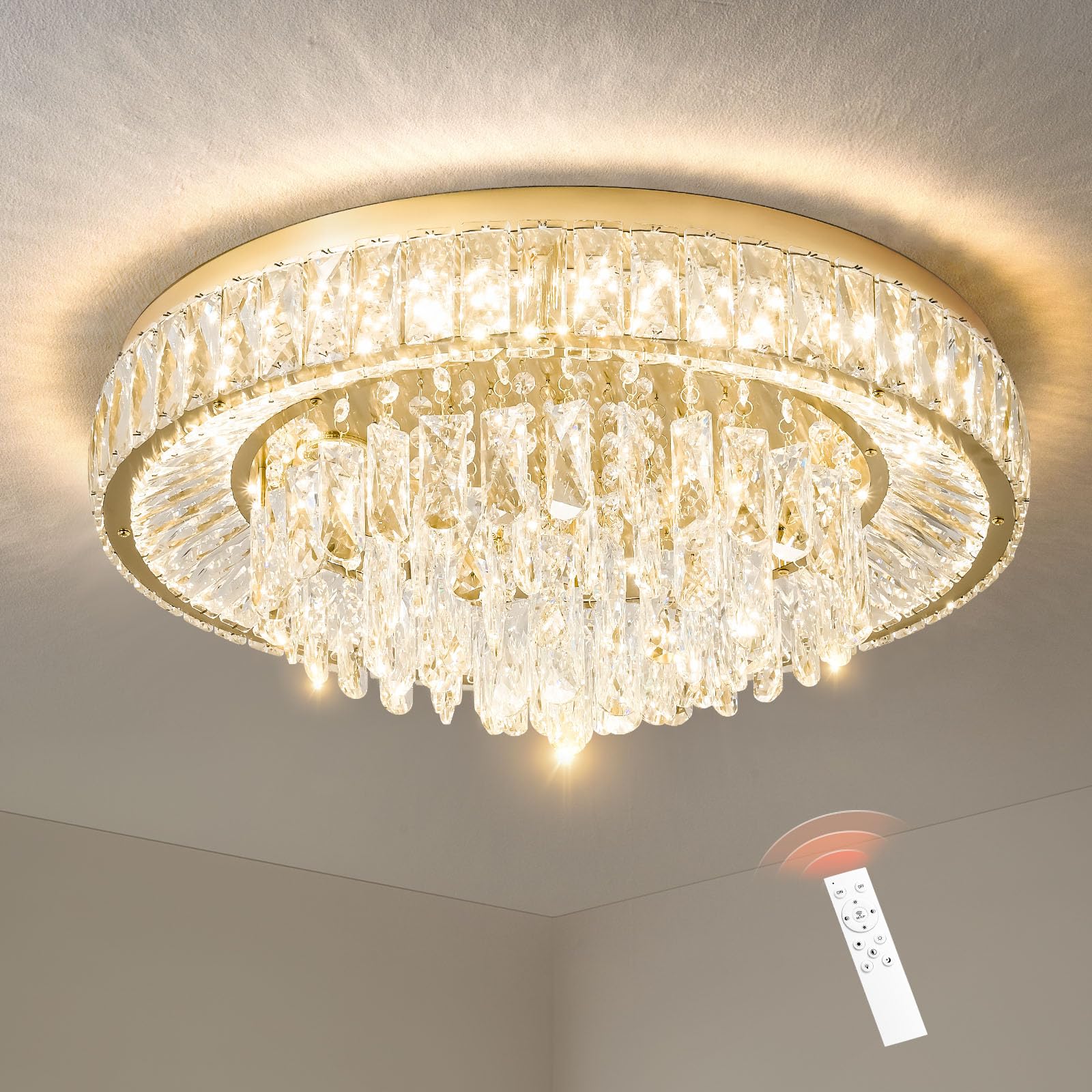 Modern Dimmable Led Crystal Chandelier: Flush Mount Crystals Ceiling Light with Remote - 24" Round Crystal Chandeliers Gold Ceiling Lighting Fixtures for Dining Room Bedroom Living Room Entryway