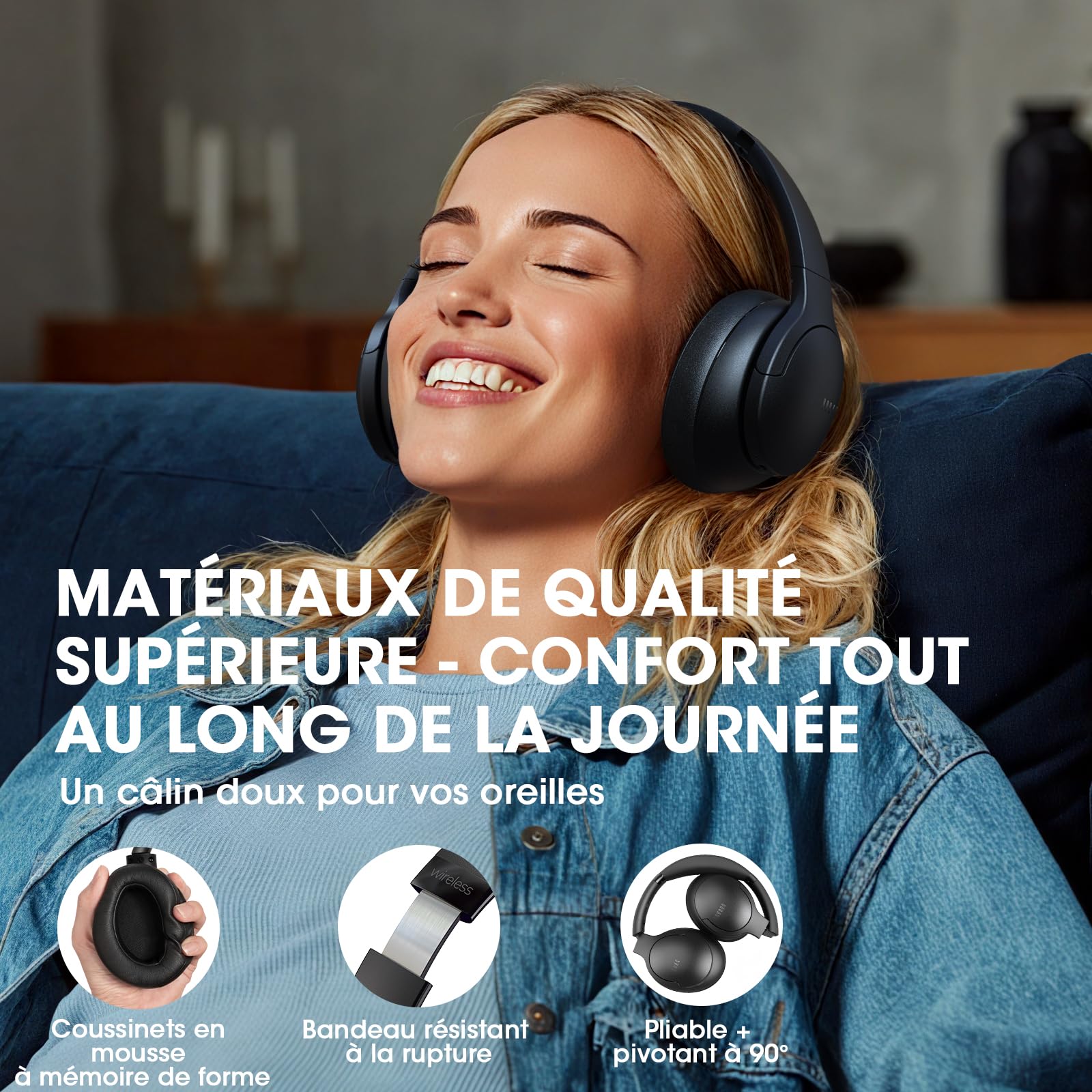 DOQAUS Casque Bluetooth sans Fil 90H Durée Lecture avec 3 Modes EQ Bluetooth 5.3, Casque Bluetooth,Cache-Oreilles protéines Souples,Casque sans Fil stéréo HiFi Microphone pour Voyage/Travail/Vie