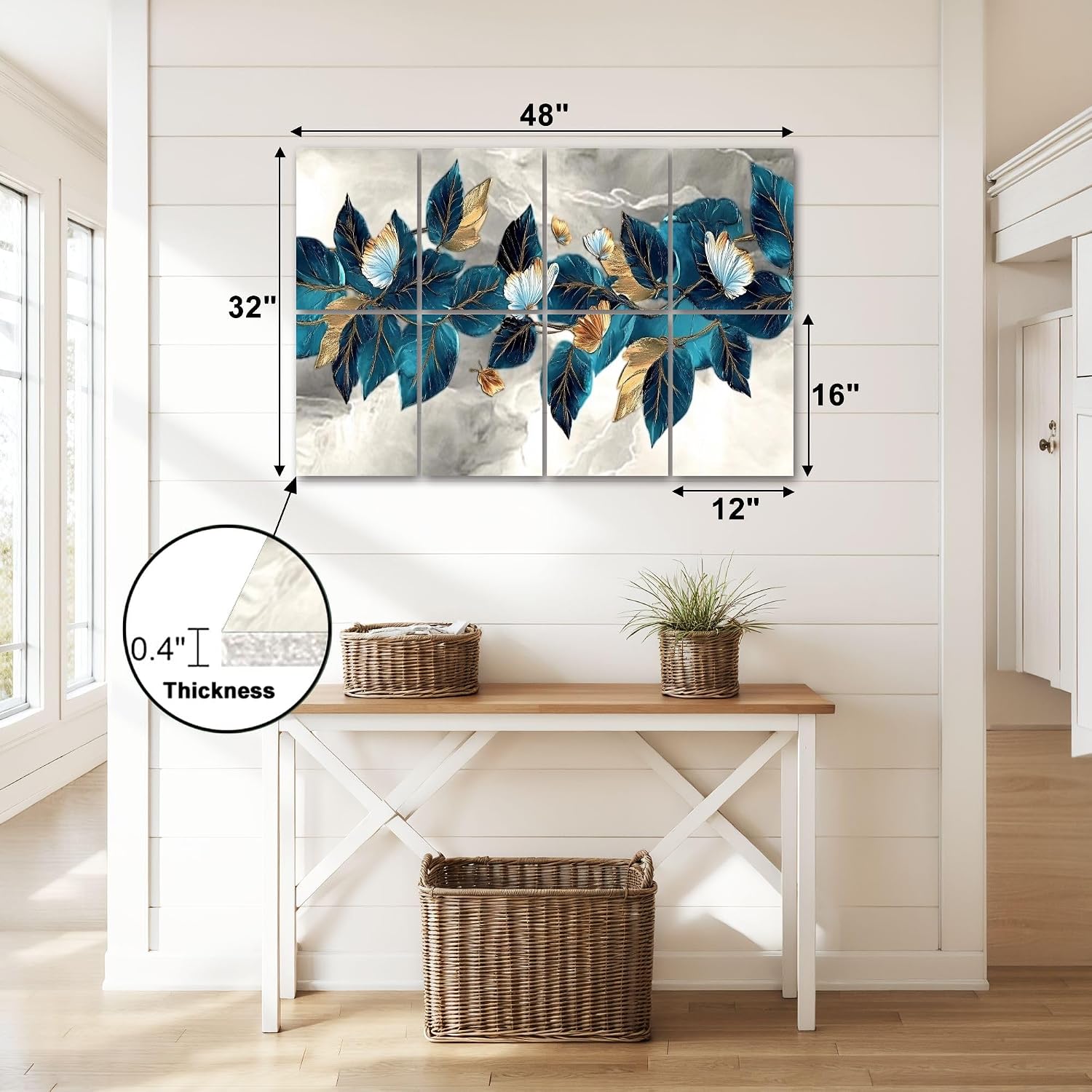 8 Panels Art Acoustic Panels 3d art blue turquoise gray leaves feathers golden drawing light Soundproof Wall Panels Padding Decorative Sound Absorbing Panels 48"x32" for Recording Studios Home