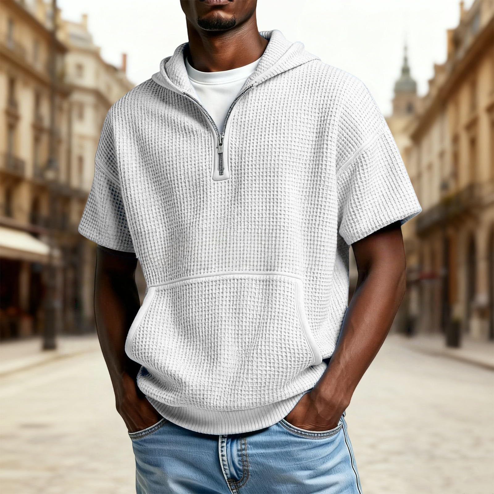 Camisa Sin Mangas Hombre Sudadera con Capucha para Hombre, De Punto Cremallera Un Y Manga Larga Bolsillo (White, M) Protección Solar Impermeable Chaqueta Camisas Oversized Gym Proteccion