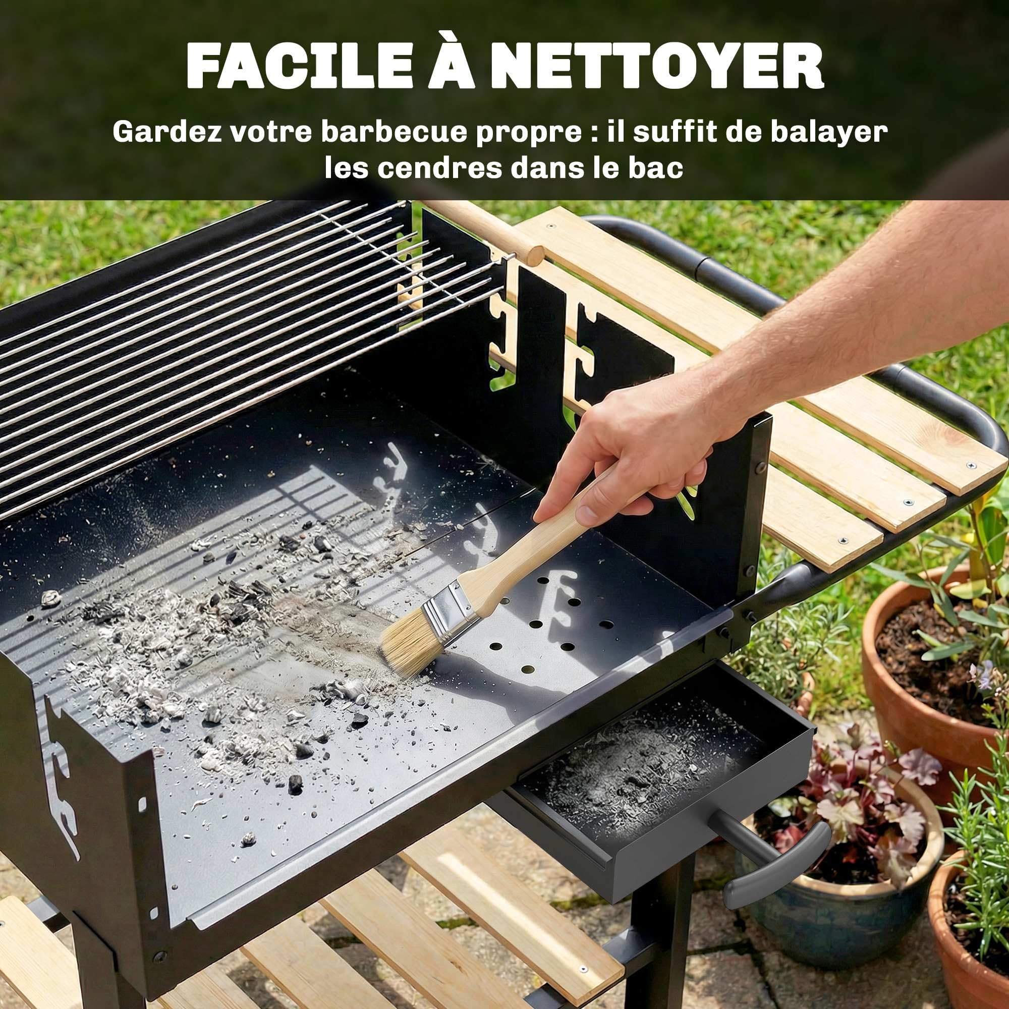 Outsunny Barbecue au Charbon de Bois avec 2 Grilles Réglableset 3 Accessoires, Chariot à Barbecue de Bois, Tablette Latérale, Récupérateur de Cendres et Roues, pour Jardin, Terrasse, Camping, Noir