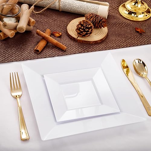 Miniatura 7 de Liacere 100 platos de plástico cuadrados blancos y 200 cubiertos de plástico dorados para fiestas