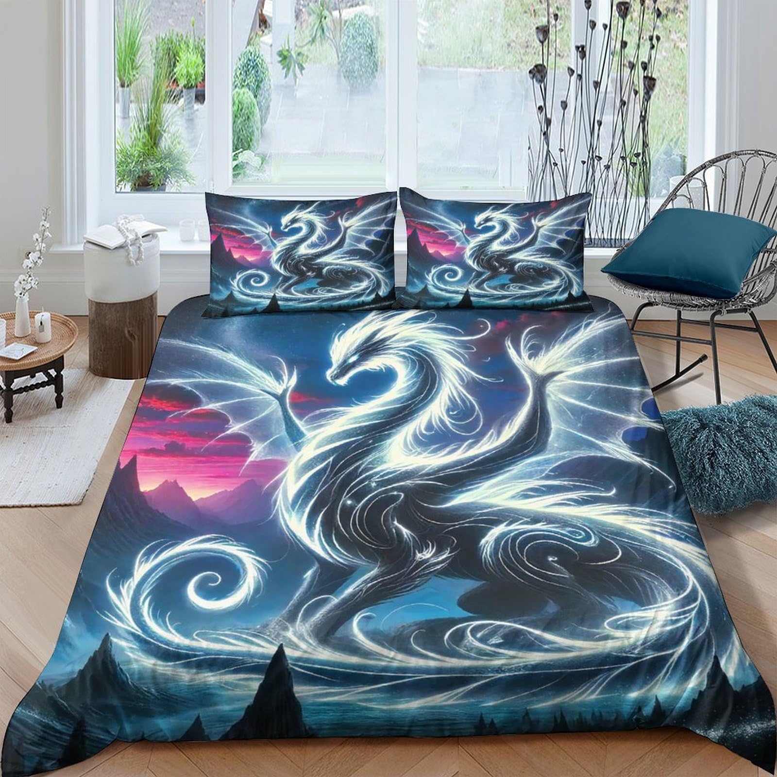 Housse de couette dragon 3D parure de lit 3 pièces en microfibre King 220x240cm pour chambre d'enfant