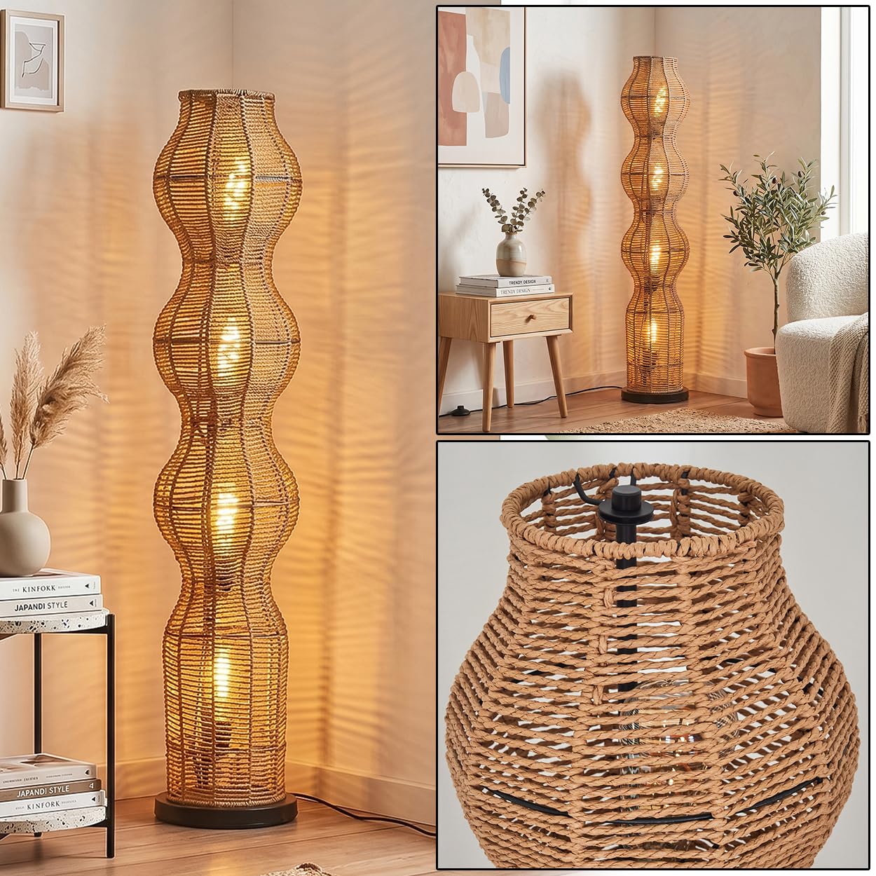 Lámpara de pie HOFSTEIN Cardeira, de diseño escandinavo, estilo boho con pantalla de ratán natural y efecto luminoso, E27, altura 111 cm, interruptor de pie - salón, dormitorio, comedor, pasillo
