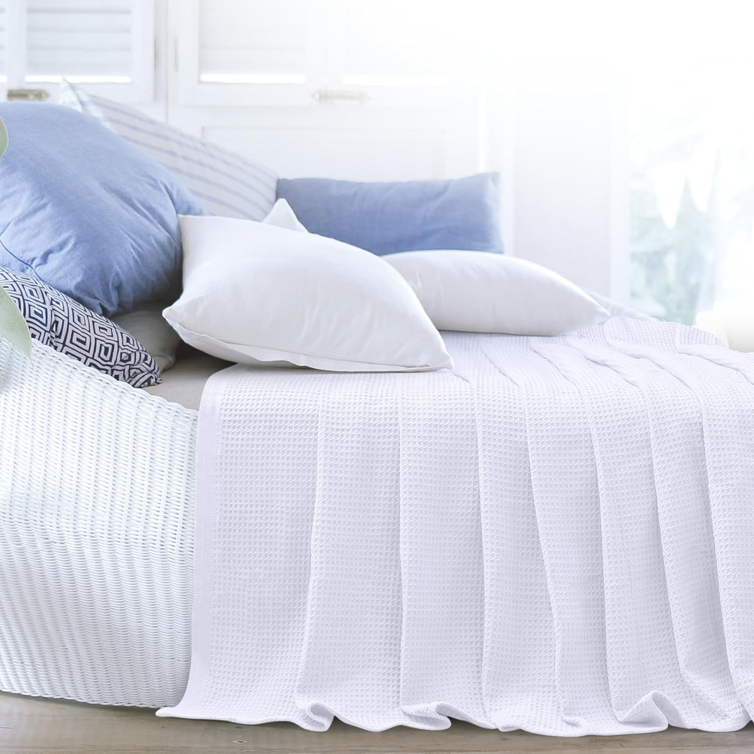 NesteriaHome 100% Cotton Blanket Waffle Weave White 405 GSM 90x108 Inches Soft Thermal Blanket King Size Lightweight, Breathable & Durable Summer Throw Blanket for Bed, Couches and Living Room - Image 6