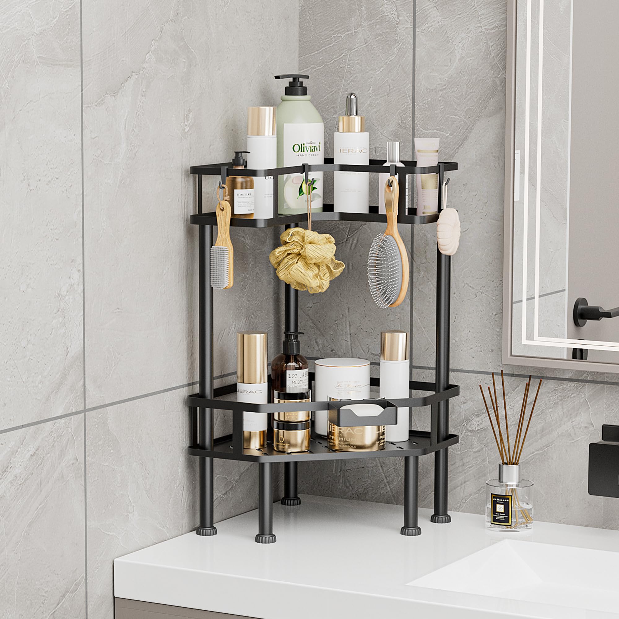 FJNATINH Corner Shower Caddy - 2 Tier Bathroom Counter Organizer Corner Shelf Metal Floor Corner Shower Stand Rack