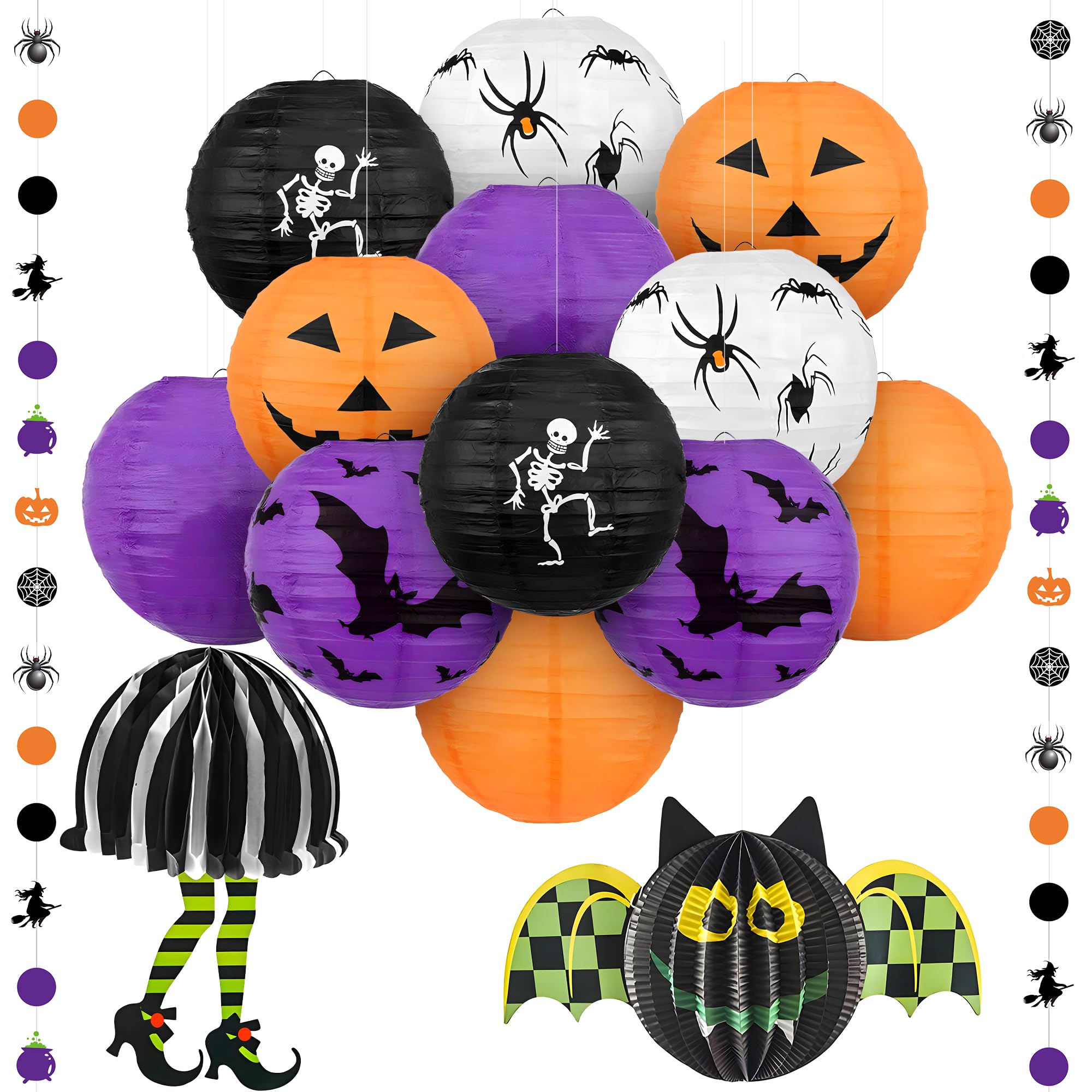KatchOn, Halloween Hanging Paper Lanterns Set - Pack of 15 | Halloween Paper Lanterns, Halloween Honeycomb Decorations for Halloween Decorations | Halloween Garland for Halloween Party Decorations