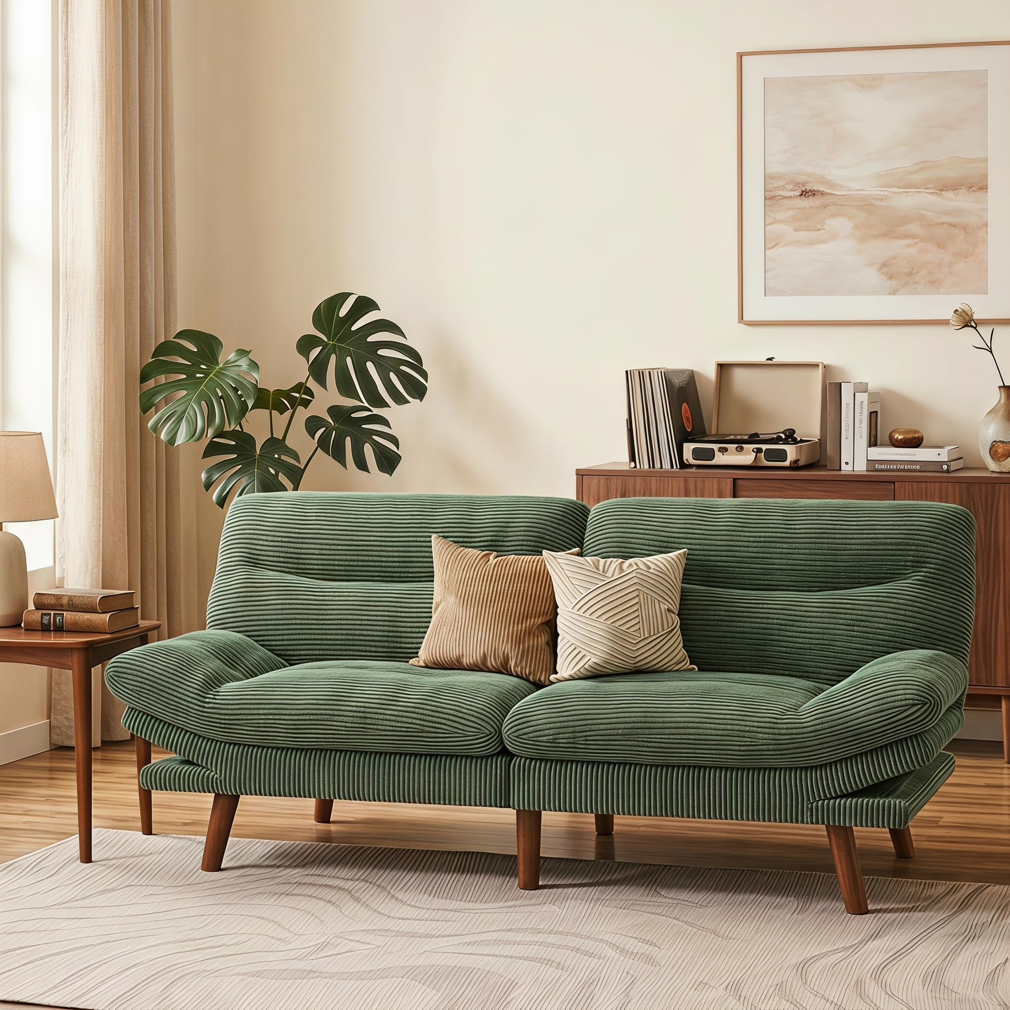 Marsail 75" Futon Sofa Bed, Futon Couch with Adjustable Backrest & Armrests, Convertible Sleeper Sofa Bed for Apartment, Living Room, Office, Corduroy Loveseat, Olive Green