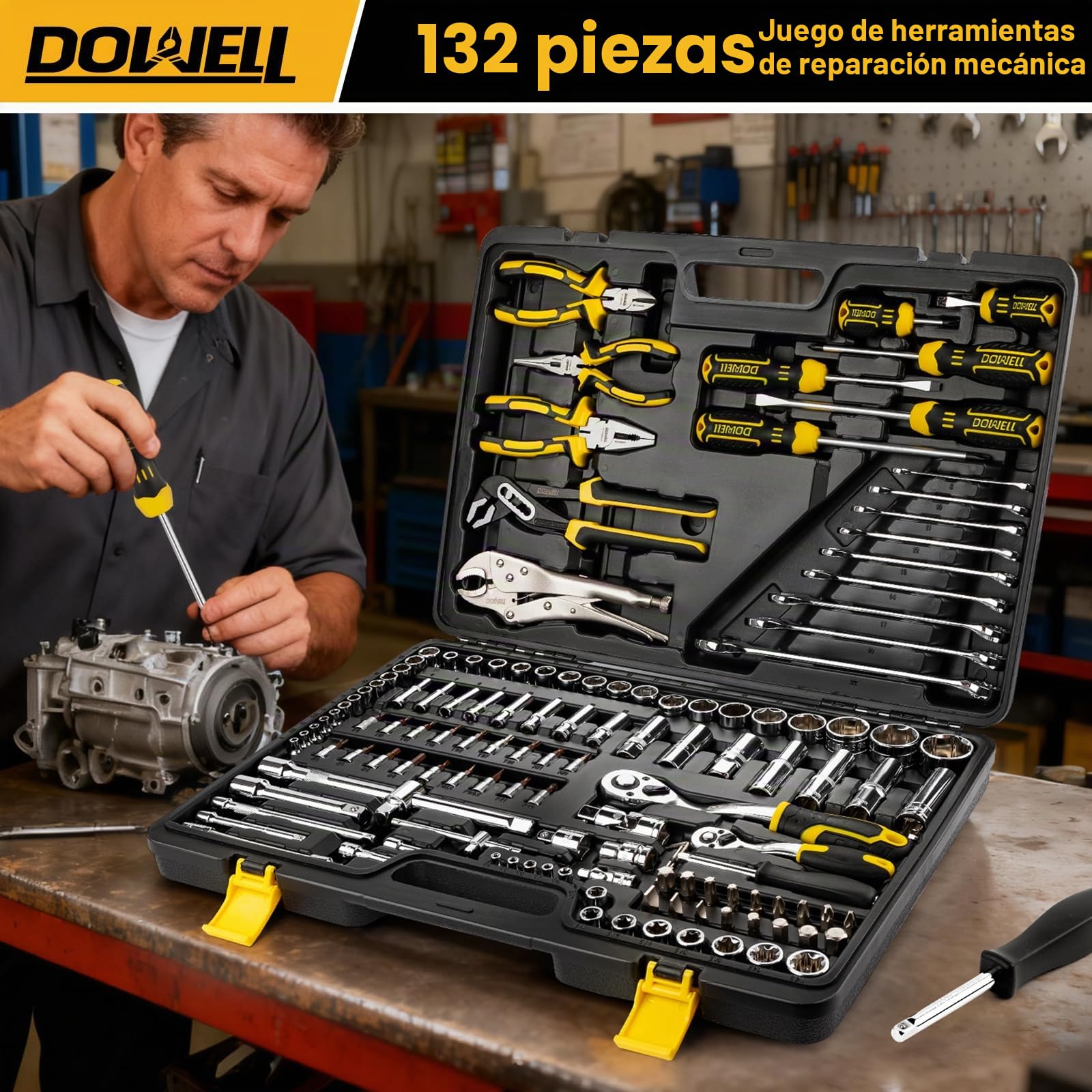 DOWELL Juego de herramientas de 132 piezas, kit de herramientas manuales profesionales para mecánicos de automóviles, todo en uno para reparaciones de autos, motocicletas, motores y garajes con