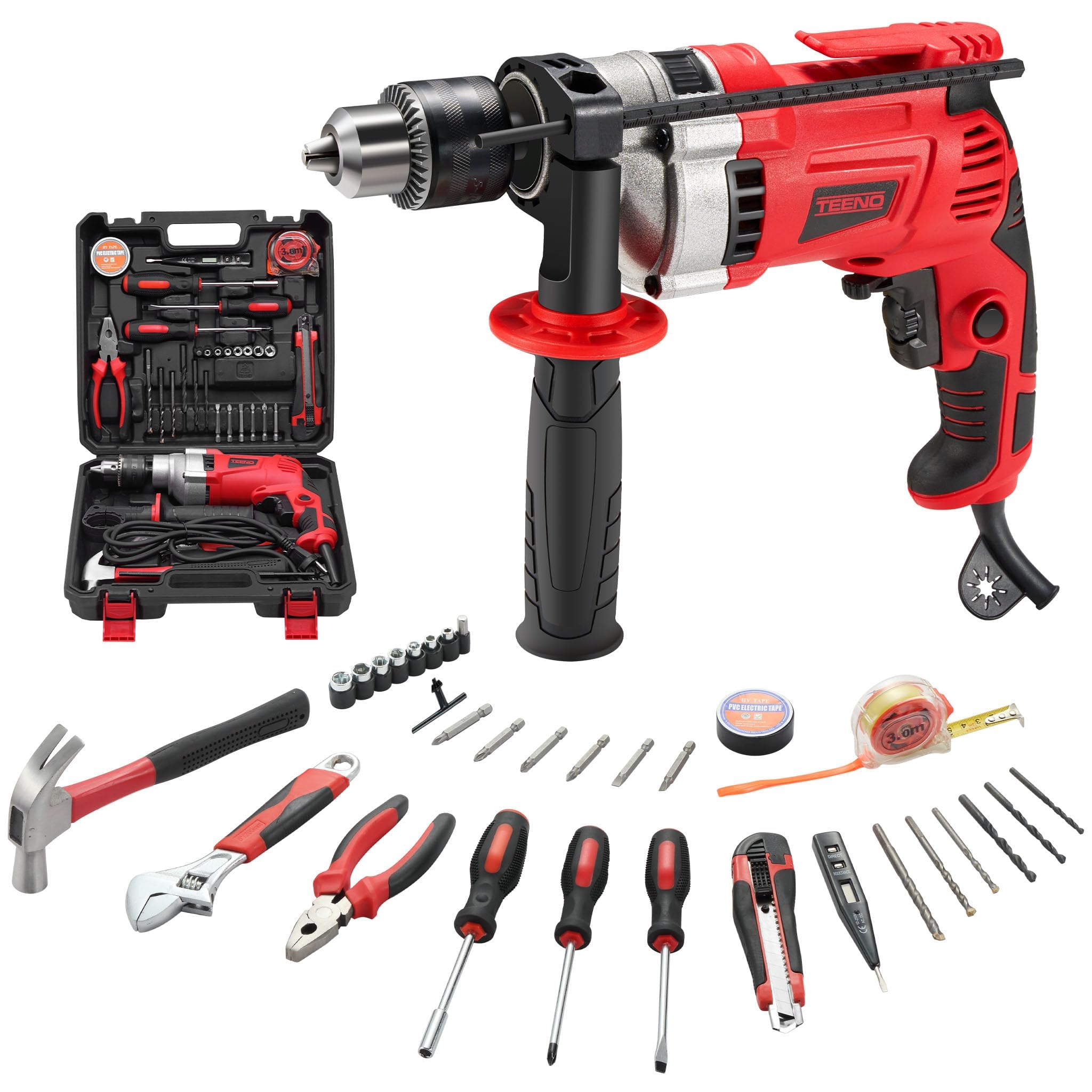 TEENO Electric Corded Hammer Drill 910W 37pcs Accessories with Complete Tool Kit, Hammer Drill 0-3000RPM, Variable Speed, 13mm Chuck, for Concrete, Iron Plate, Masonry and Wood,Carring Case