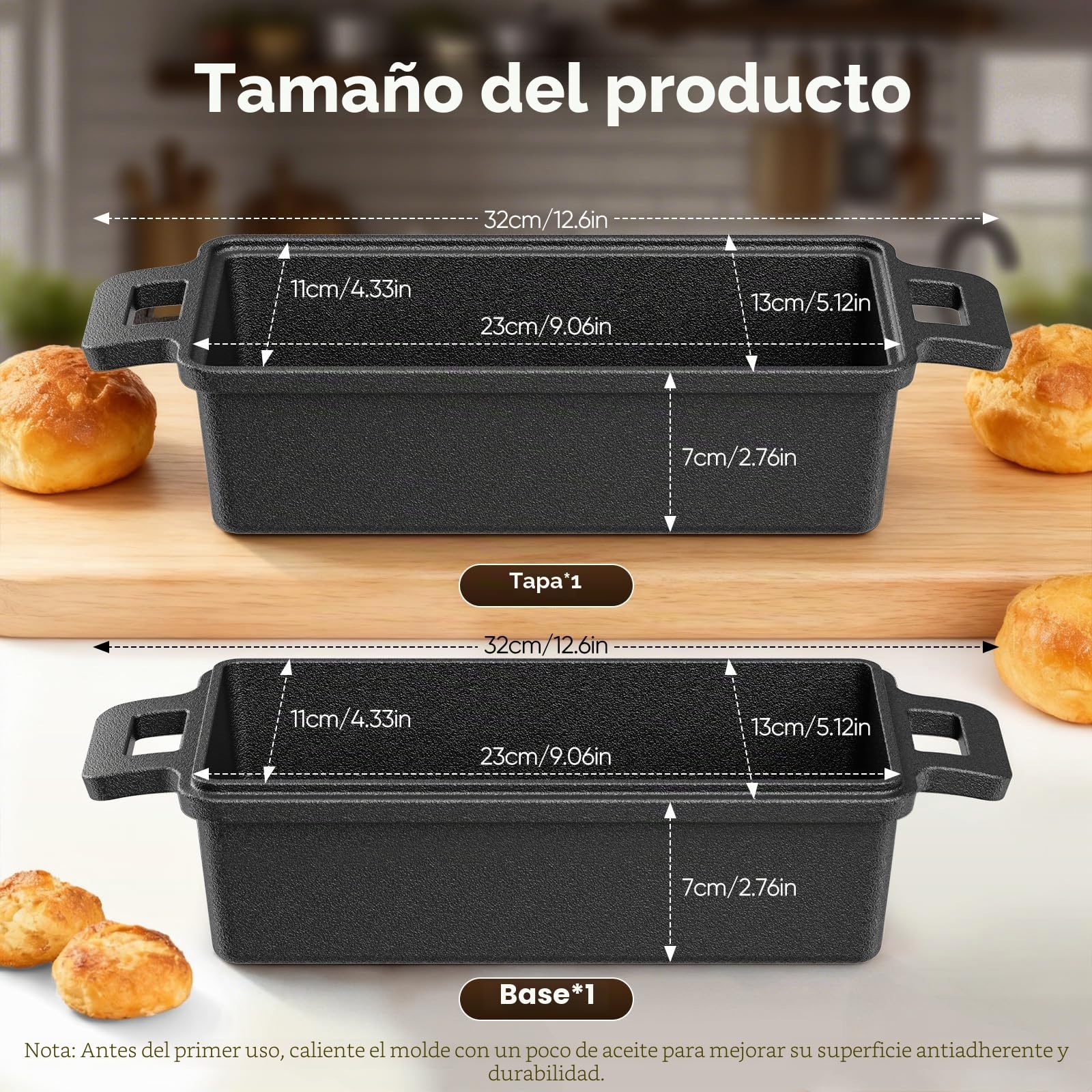 Molde para pan con tapa, olla de hierro fundido, ideal como molde para pan, accesorios de pan, pan y pastel, acero antiadherente bicapa sin PFAS -32 x 13 cm