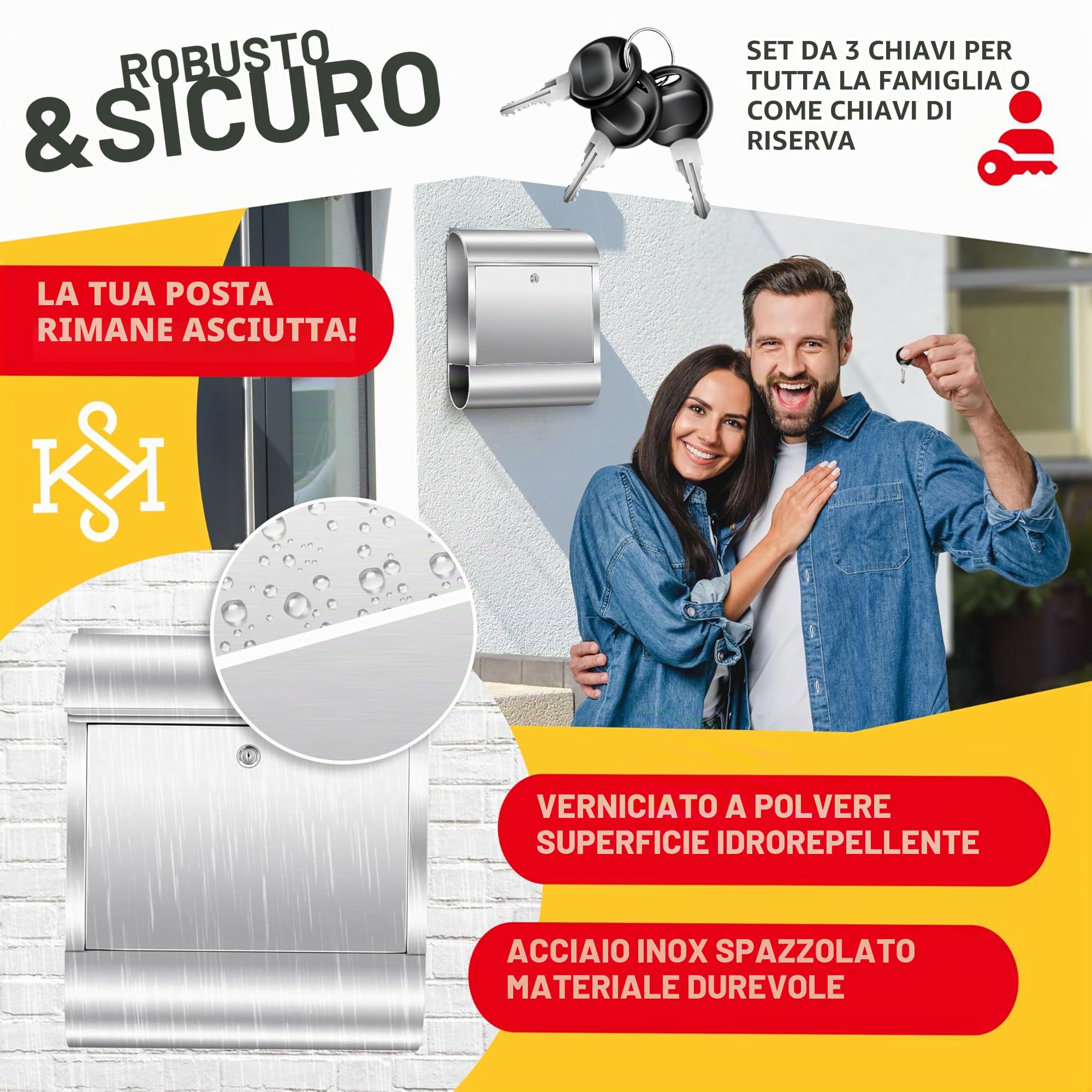 KESSER® Cassetta della Posta XXL in acciaio inox spazzolato con Scomparto per Giornali, 3x Chiudibile a chiave, Verniciata a polvere, Montaggio a parete, Ampia fessura frontale, Argento