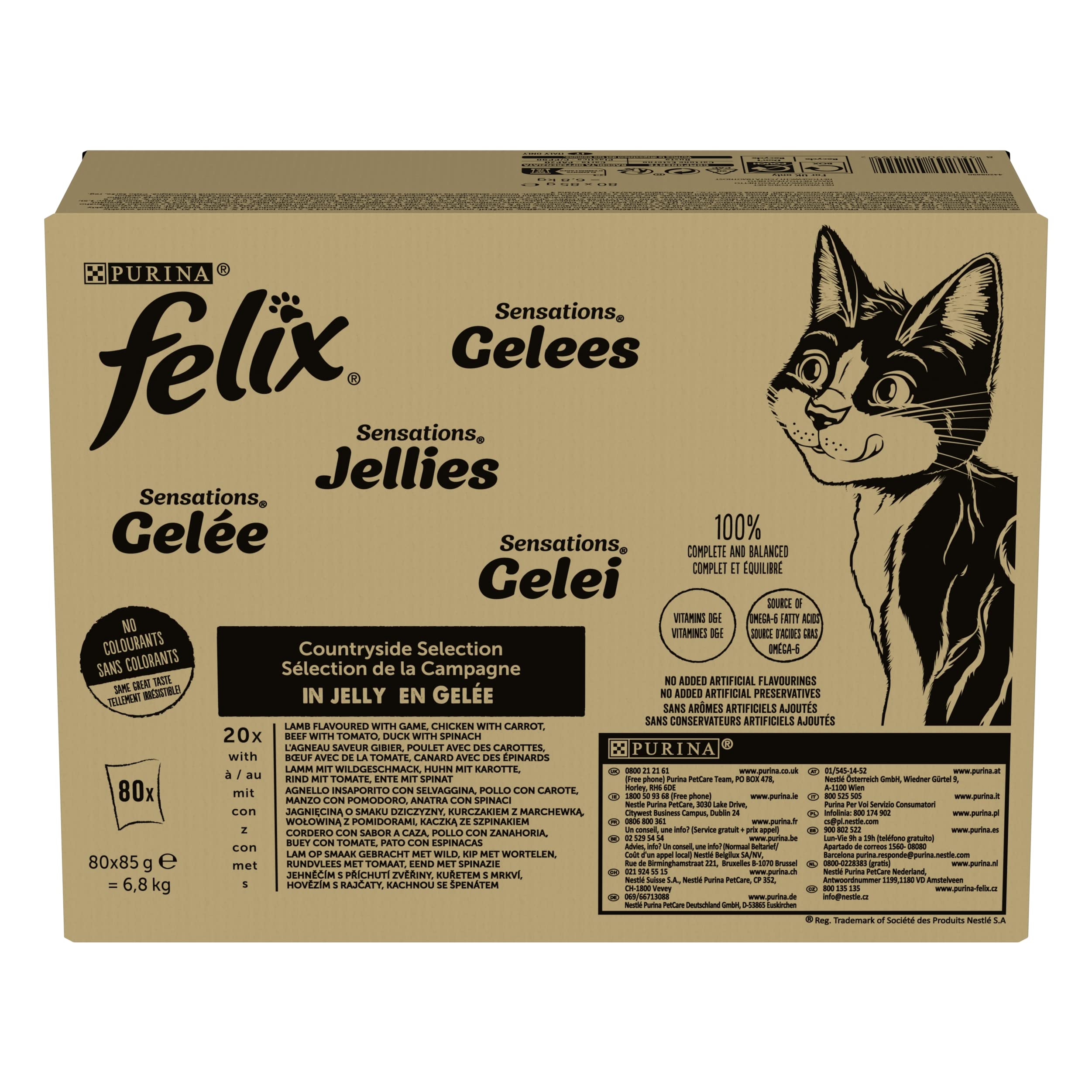 Purina Felix Sensations - Comida húmeda para Gatos con Ternera, Pollo, Pato, Cordero, 80 Sobres de 85 g, 1 Unidad (Lote de 1)