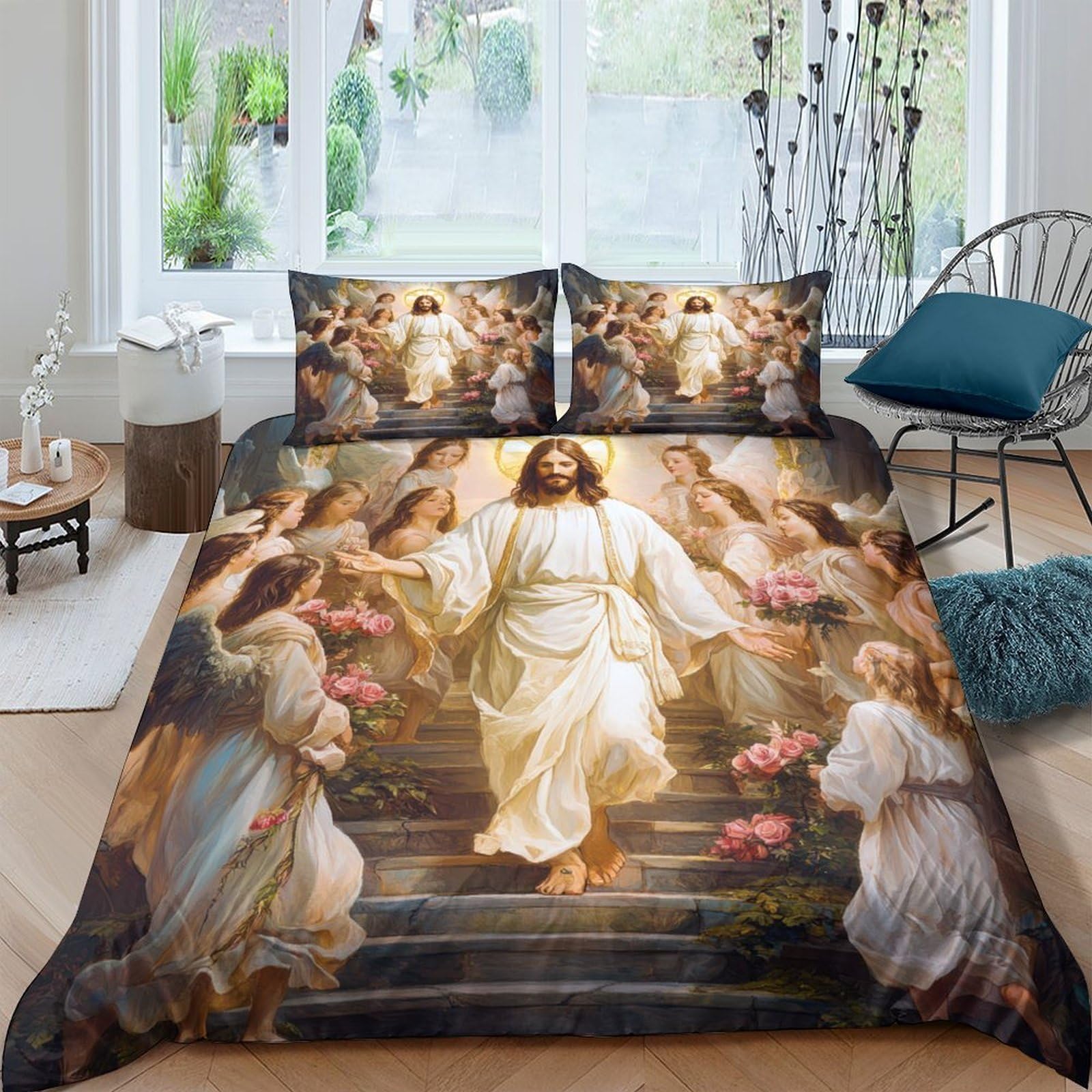 Ctjqhvkz Style-10 3D Printed Jesus Resurrection Fitted Sheet Microfiber Non-Slip Angel Scene Mattress Cover For Bedroom Home Decor Single（135X200cm）