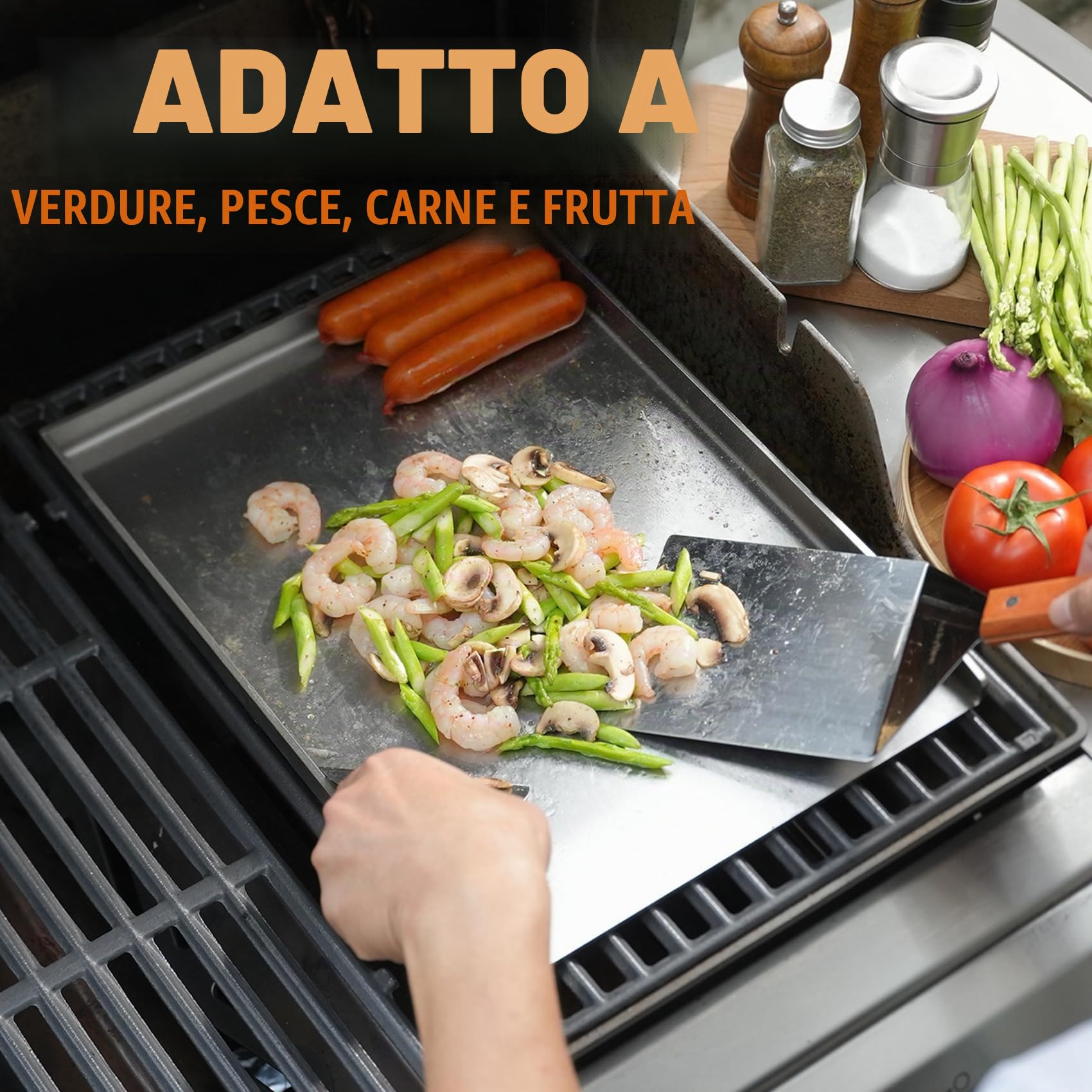 Onlyfire Piastra per Grill in Acciaio Inox con 1 Raschietto per Barbecue e 1 Spatola per Piastra per BBQ a Carbone o a Gas, Accessori per Griglie, 40×30×2.5 cm