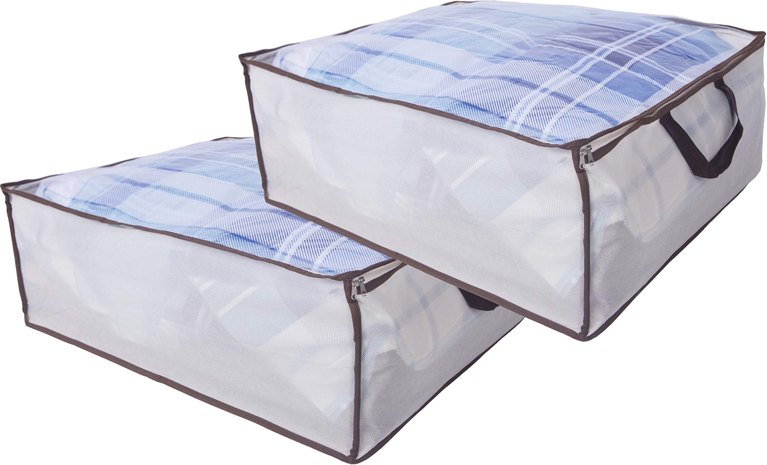 Amelitory Underbed Organizer Container Foldable Fabric Storage Bags with Clear Window for Clothes Blankets 2 Pack,Beige