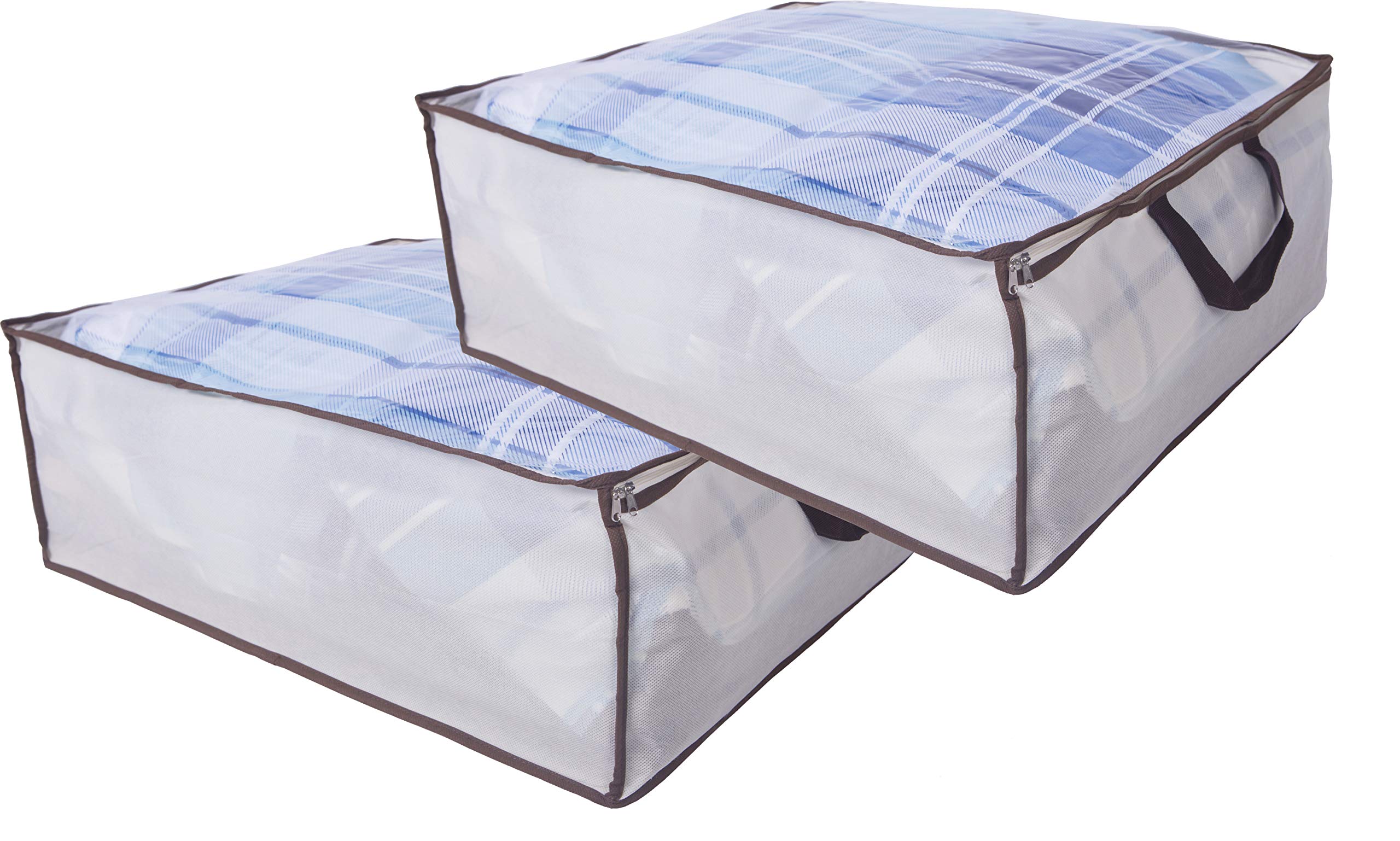 Amelitory Underbed Organizer Container Foldable Fabric Storage Bags with Clear Window for Clothes Blankets 2 Pack,Beige