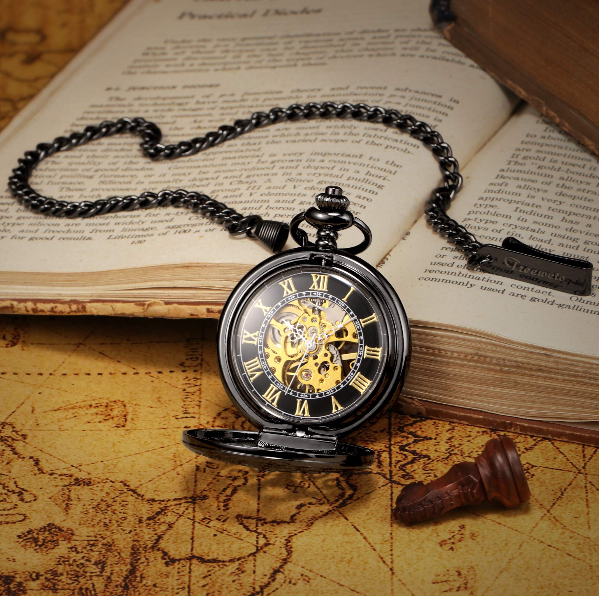 TREEWETO Orologio da tasca meccanico da uomo in bronzo antico/nero Steampunk con cassa in rame scheletrato per uomo, Nero
