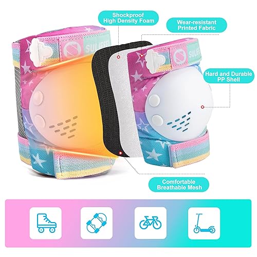 Miniatura 4 de SULIFEEL Rodilleras de unicornio arcoíris para niños, rodilleras, coderas, muñequeras con bolsa de cordón, juego de equipo de protección ajustable
