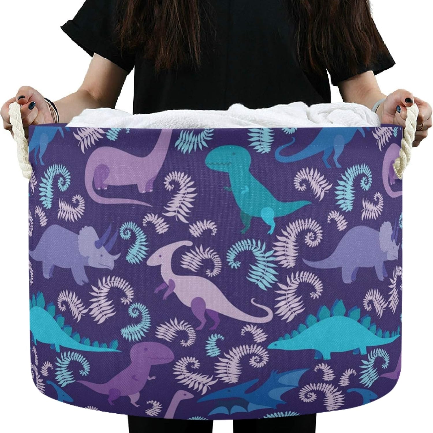 visesunny Blue And Purple Dinosaur Animal Nursery Hamper Basket Clothes Toy Storage Organizer Bin Box Collapsible Laundry Bag for Kid Room,Playroom,Bathroom,Living Room,Dorm