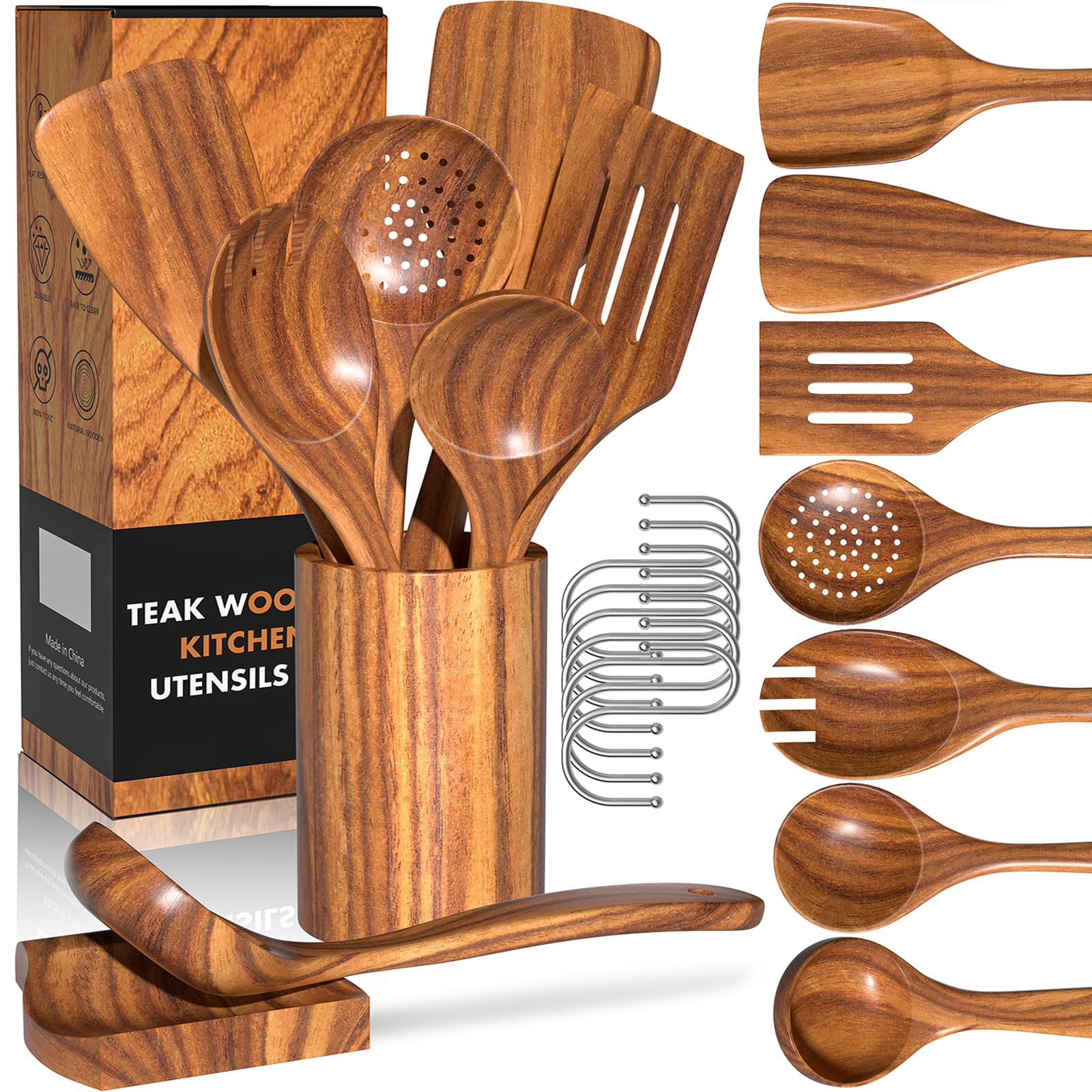 Umite Chef Natural Teak Utensil Set with Holder