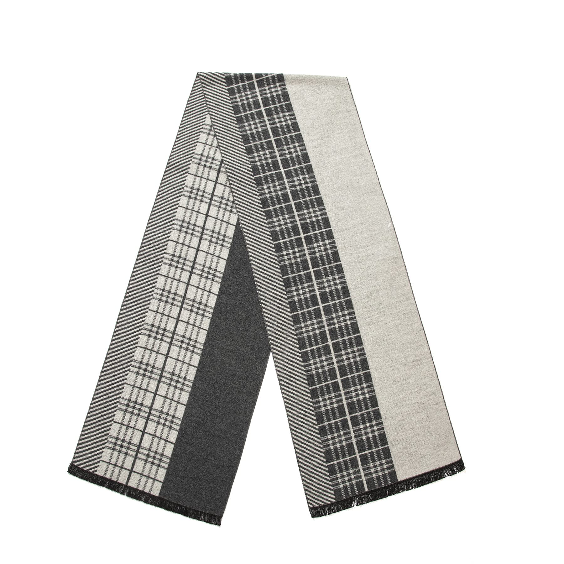 Lindoro Men's White/Black Stripe Cozy Tartan Check Merino Wool Scarf, Long Warm Lightweight Winter Classic Scarves W/Gift Box ()