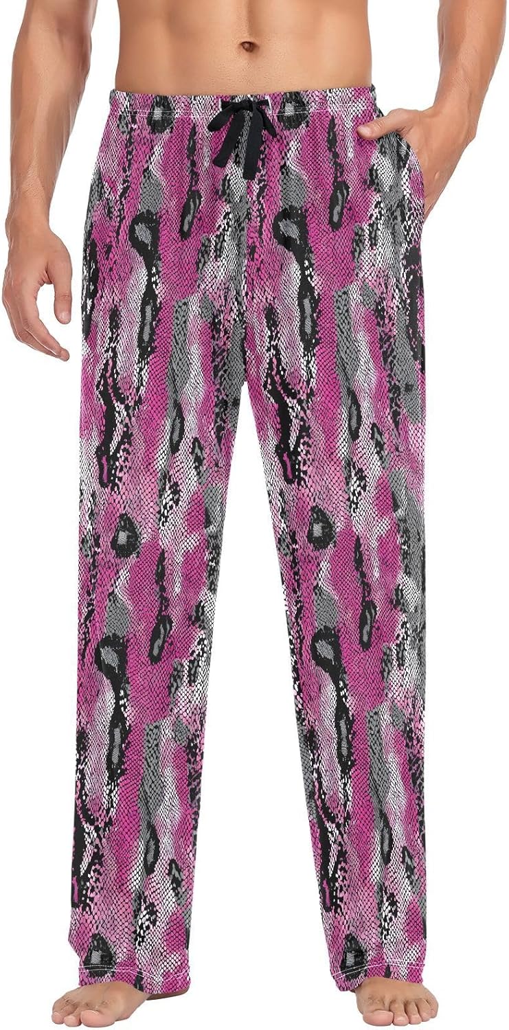 ALAZA Pink & Black Snake Print Men's Pajama Pants Men Cotton Pajama Bottoms with Pockets, S