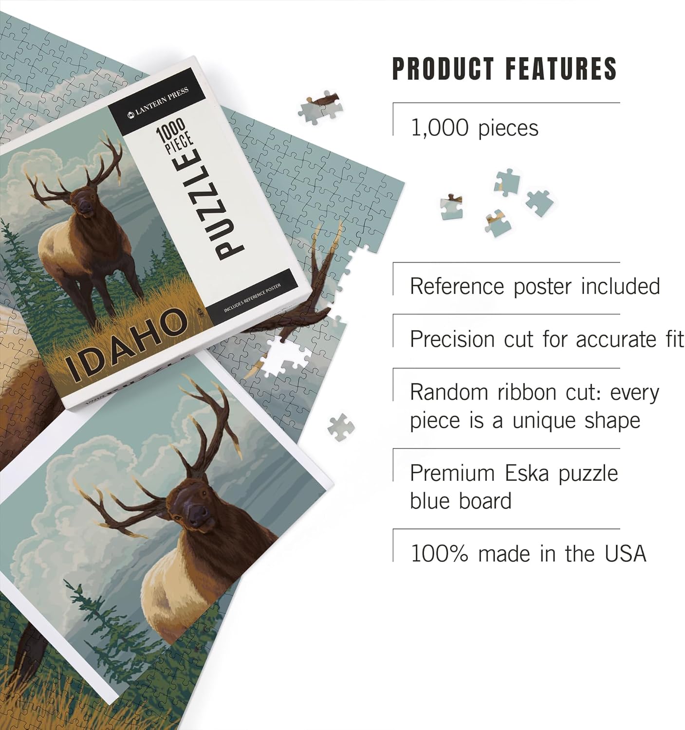 Lantern Press Idaho, Elk Scene 1000 Piece Jigsaw Puzzle for Adults, Made in USA with Reference Poster
